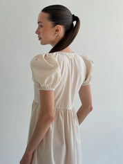 Cotton dress with thin stripes and buttons, beige/milk