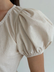 Cotton dress with thin stripes and buttons, beige/milk