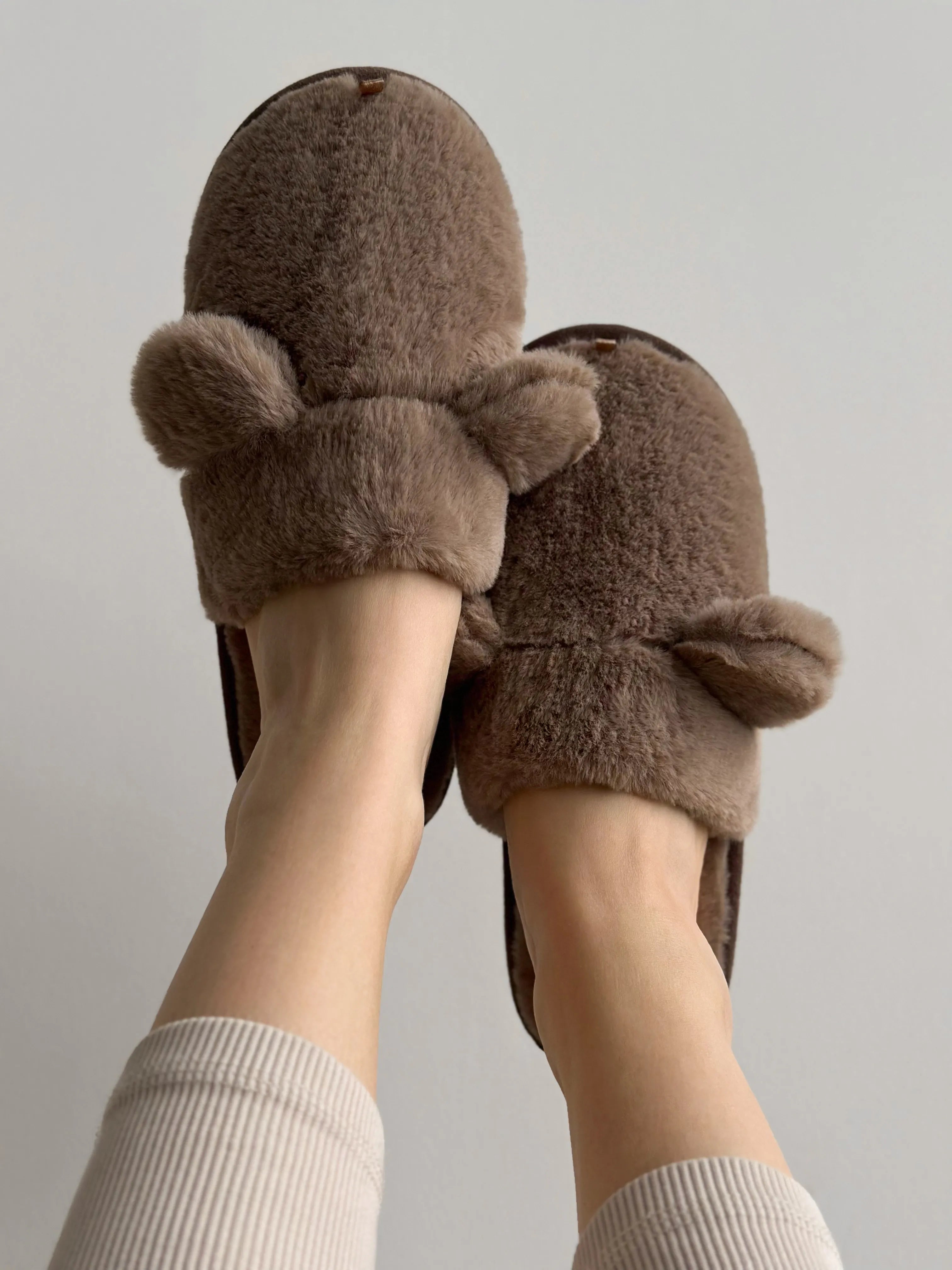 Women's HS fur slippers with ears beige