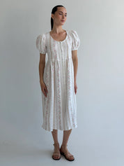 Buttoned dress muslin rose flower pink with beige pattern