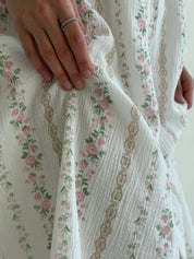 Buttoned dress muslin rose flower pink with beige pattern