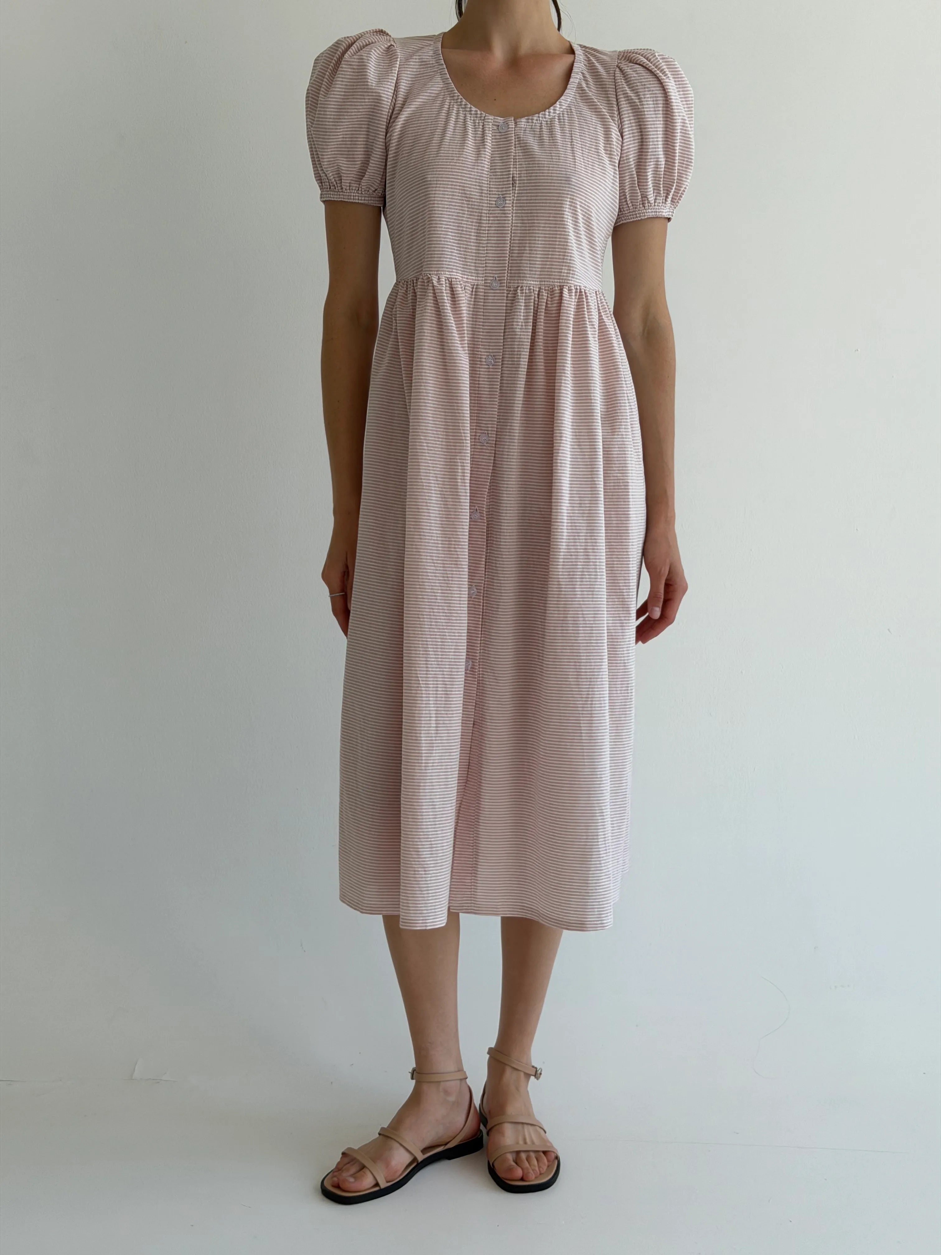 Cotton dress with thin stripes and buttons, powder/milk