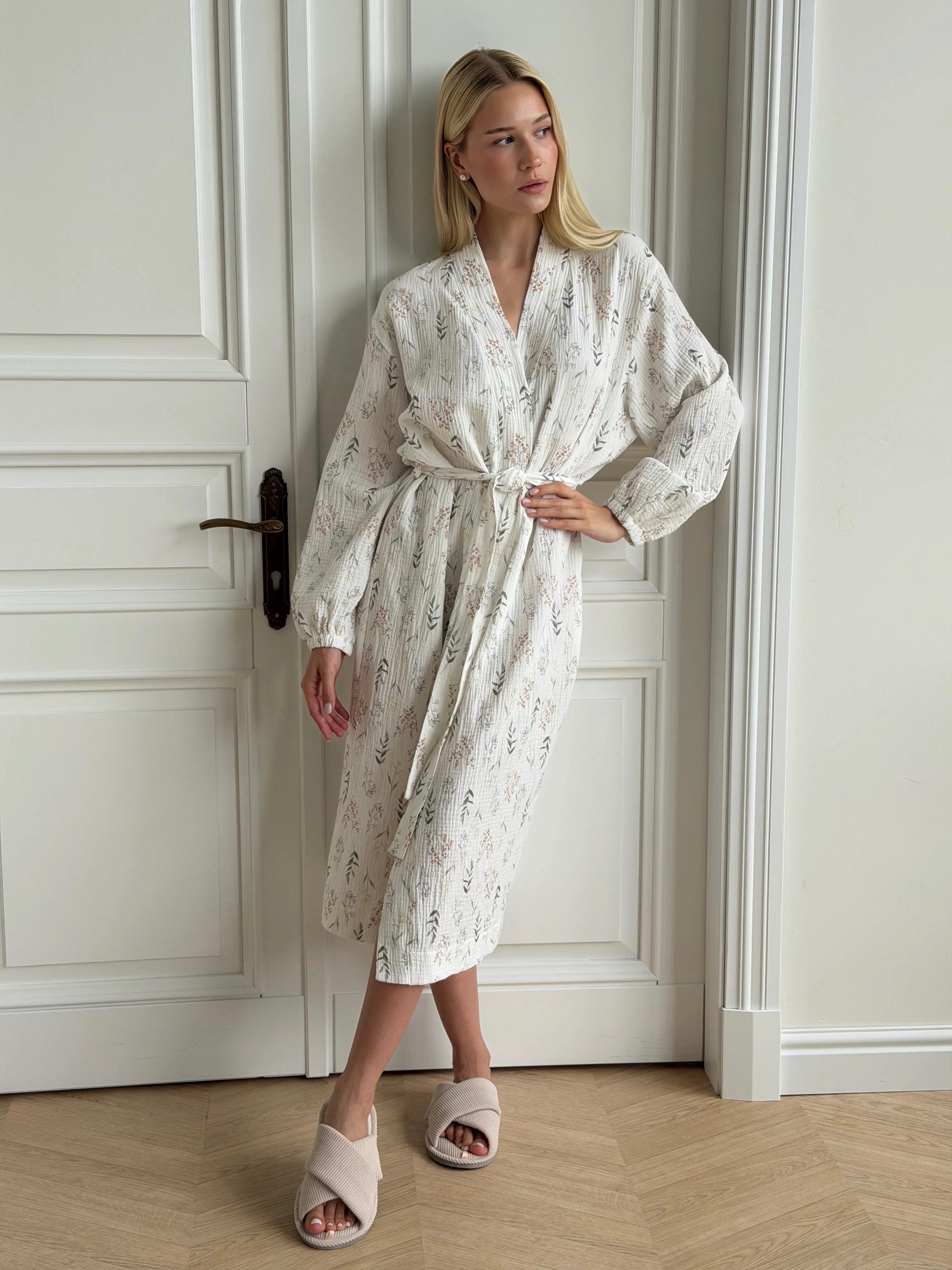 Long muslin robe with wildflowers on white