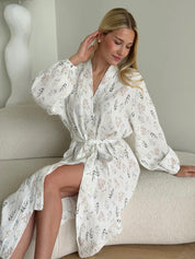 Long muslin robe with wildflowers on white