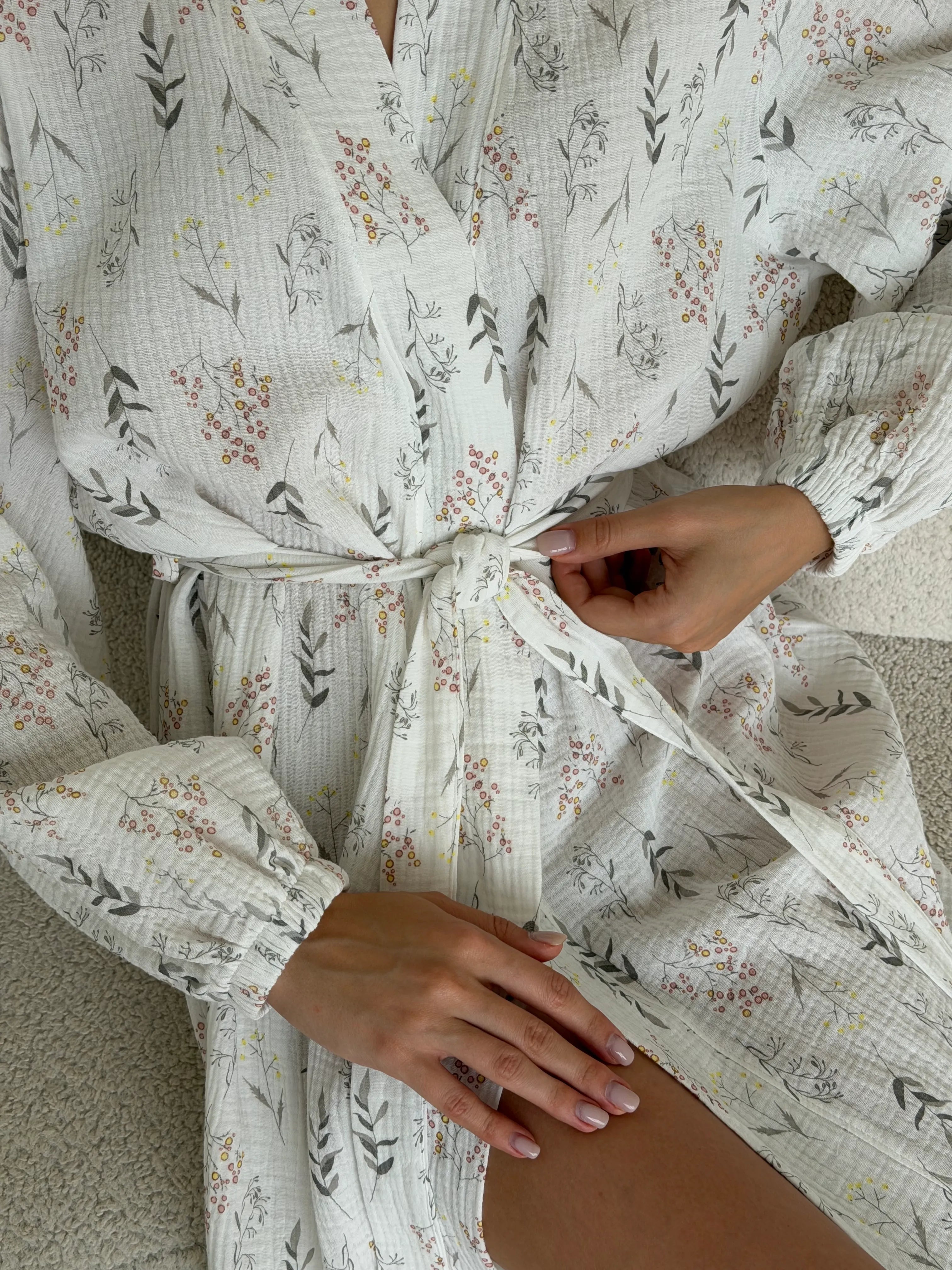 Long muslin robe with wildflowers on white
