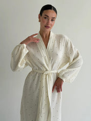 LONG MUSLIN ROBE WITH LARGE BLACK PEAS ON MILK