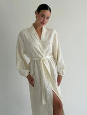 LONG MUSLIN ROBE WITH LARGE BLACK PEAS ON MILK
