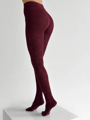 Knitted tights white polka dots on burgundy