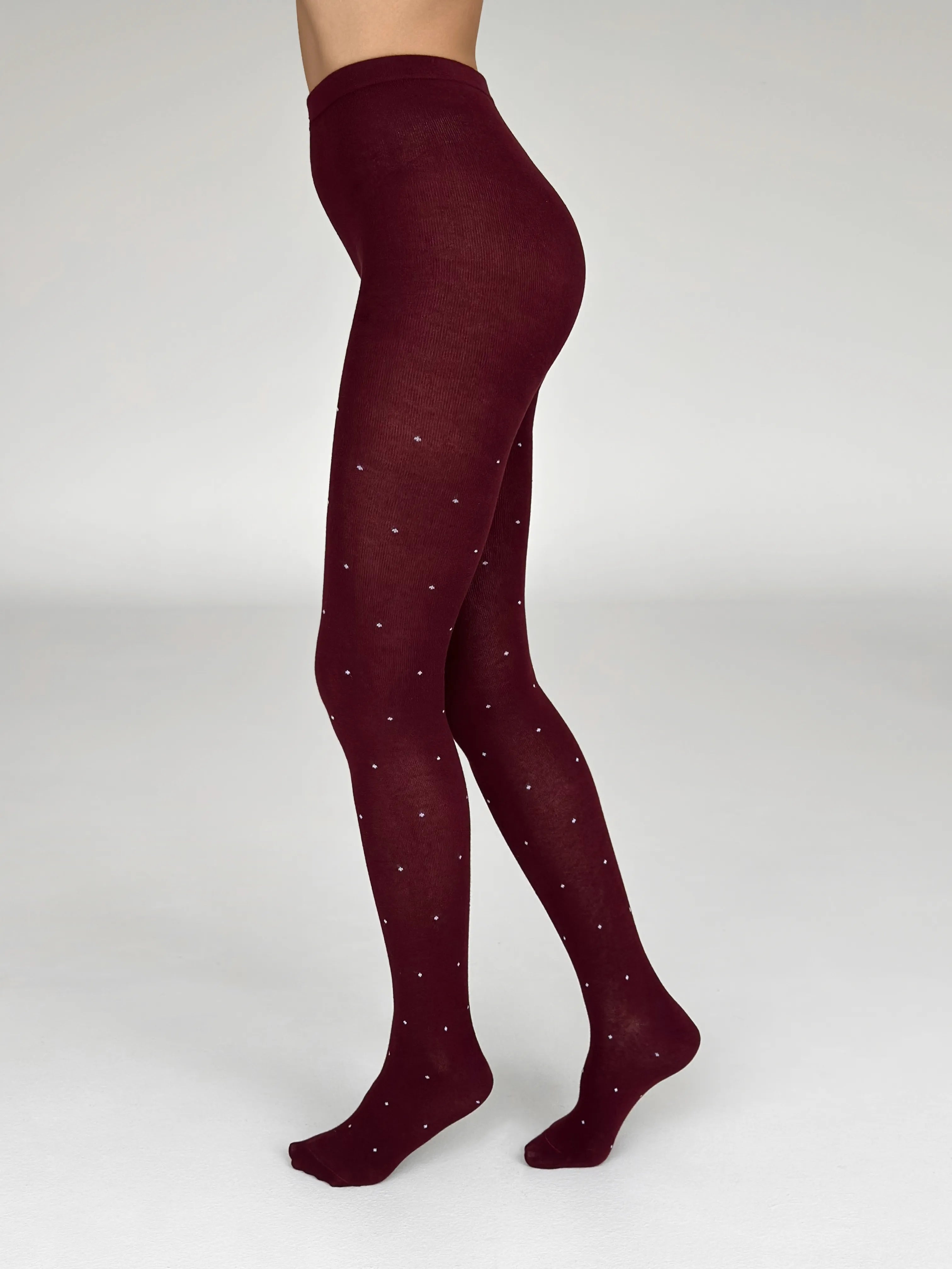 Knitted tights white polka dots on burgundy