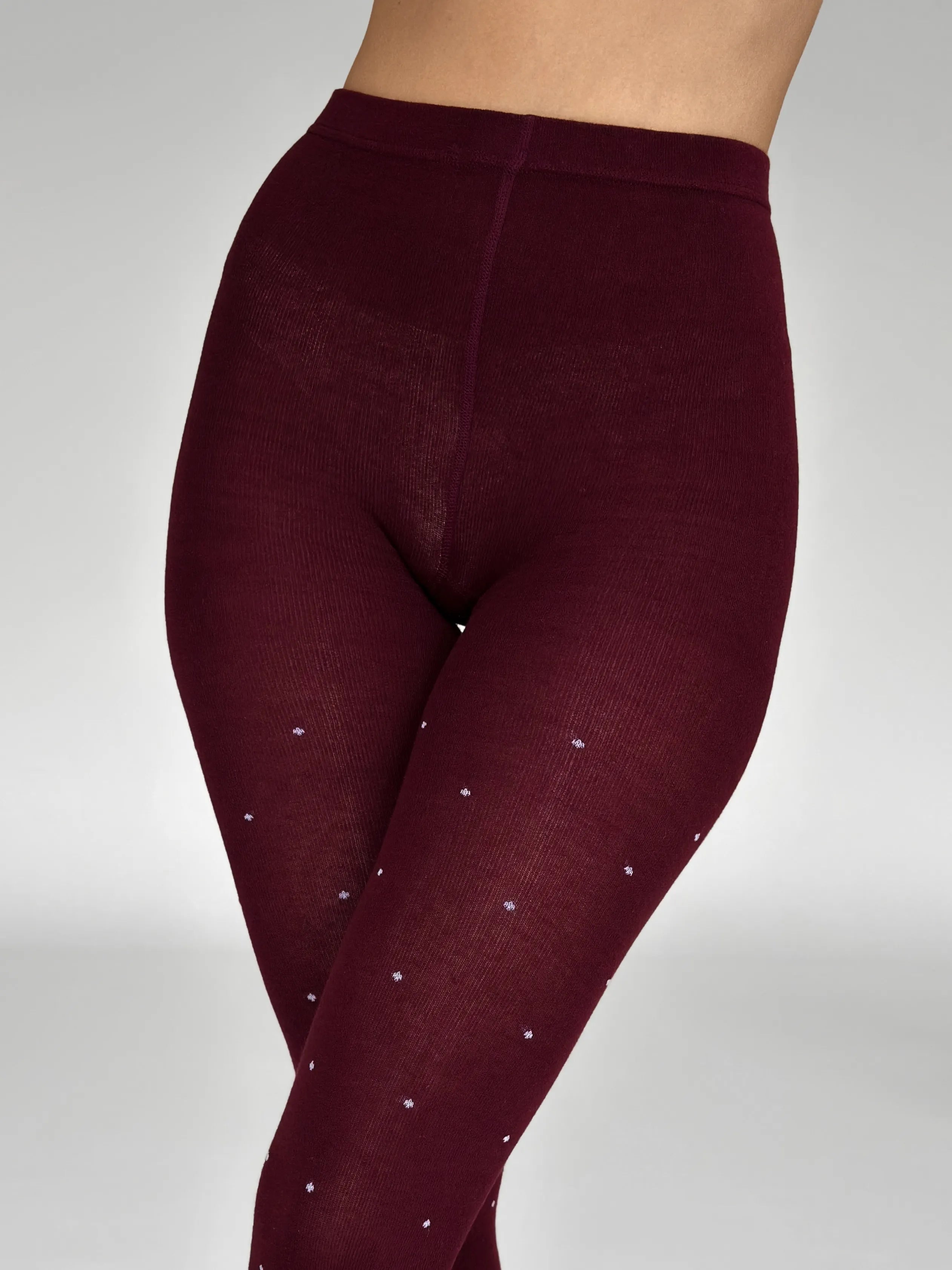Knitted tights white polka dots on burgundy