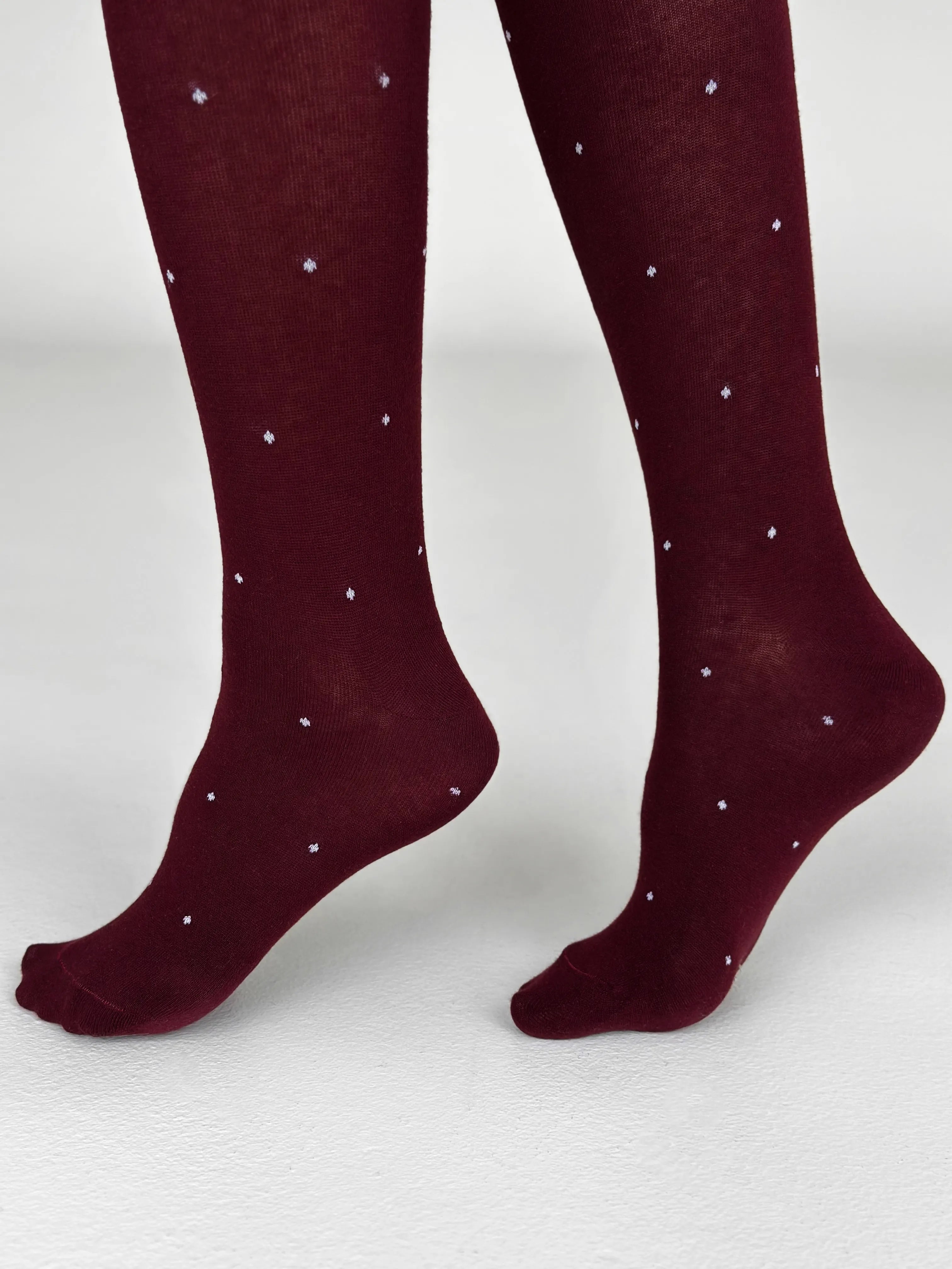 Knitted tights white polka dots on burgundy