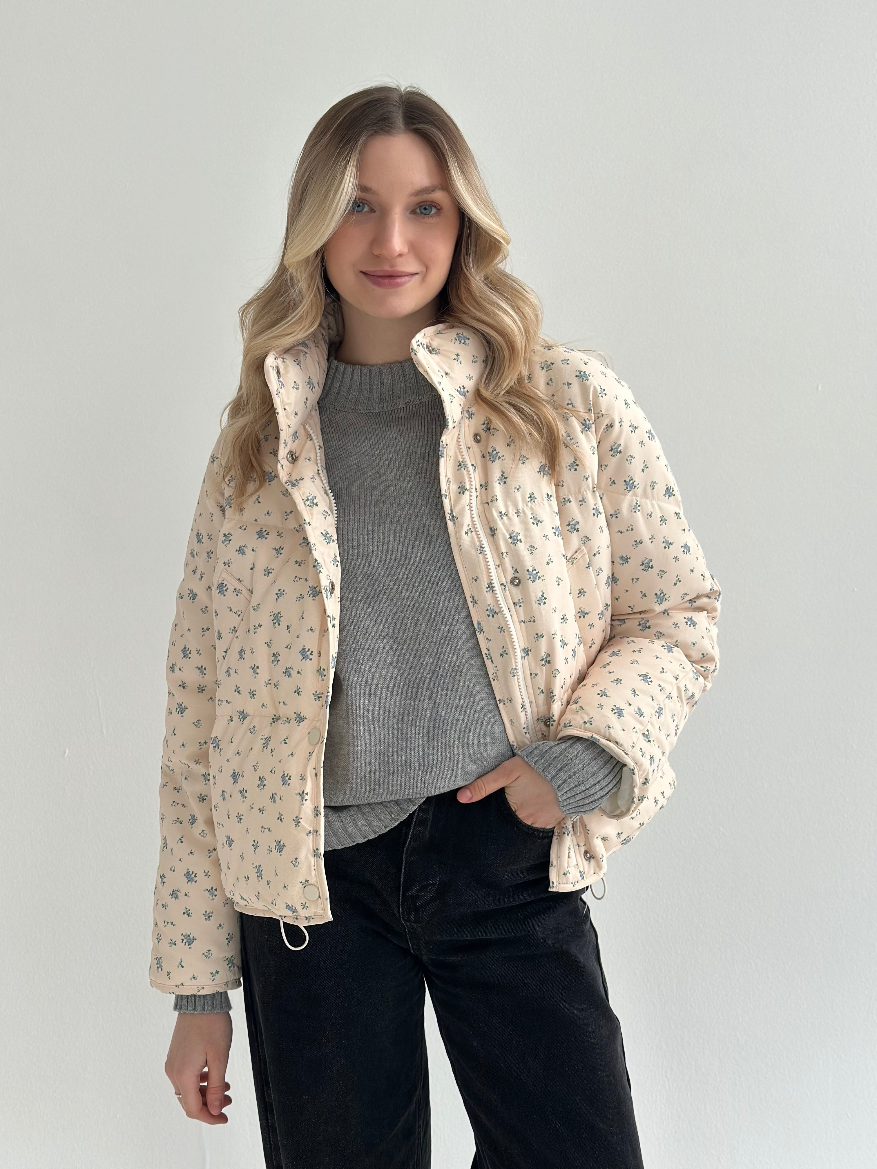 Quilted demi-season jacket, milky blue with a blue flower