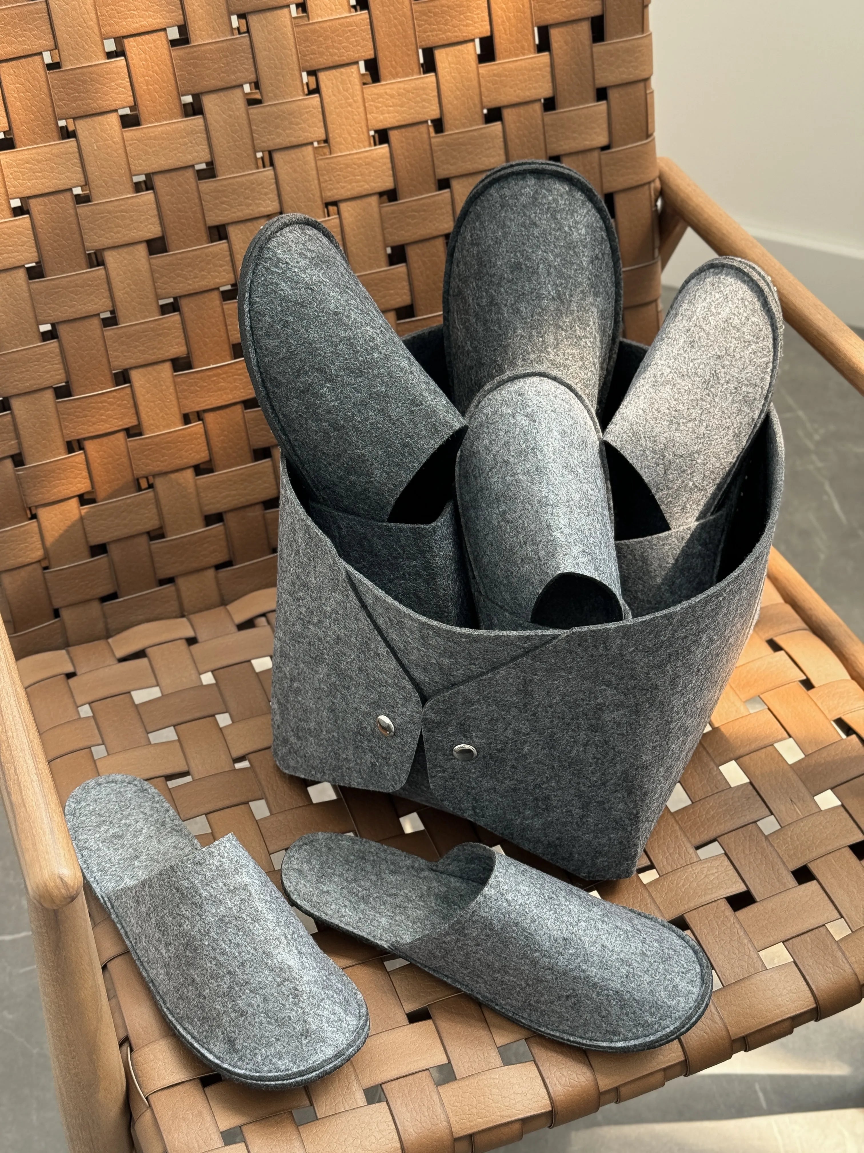 Set of guest slippers and basket