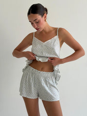 STAPLE T-SHIRT AND SHORTS SUIT BLUE FLOWERS ON MILKY