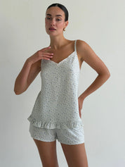STAPLE T-SHIRT AND SHORTS SUIT BLUE FLOWERS ON MILKY