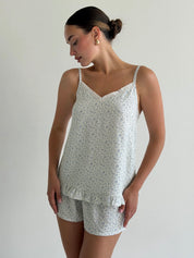 STAPLE T-SHIRT AND SHORTS SUIT BLUE FLOWERS ON MILKY