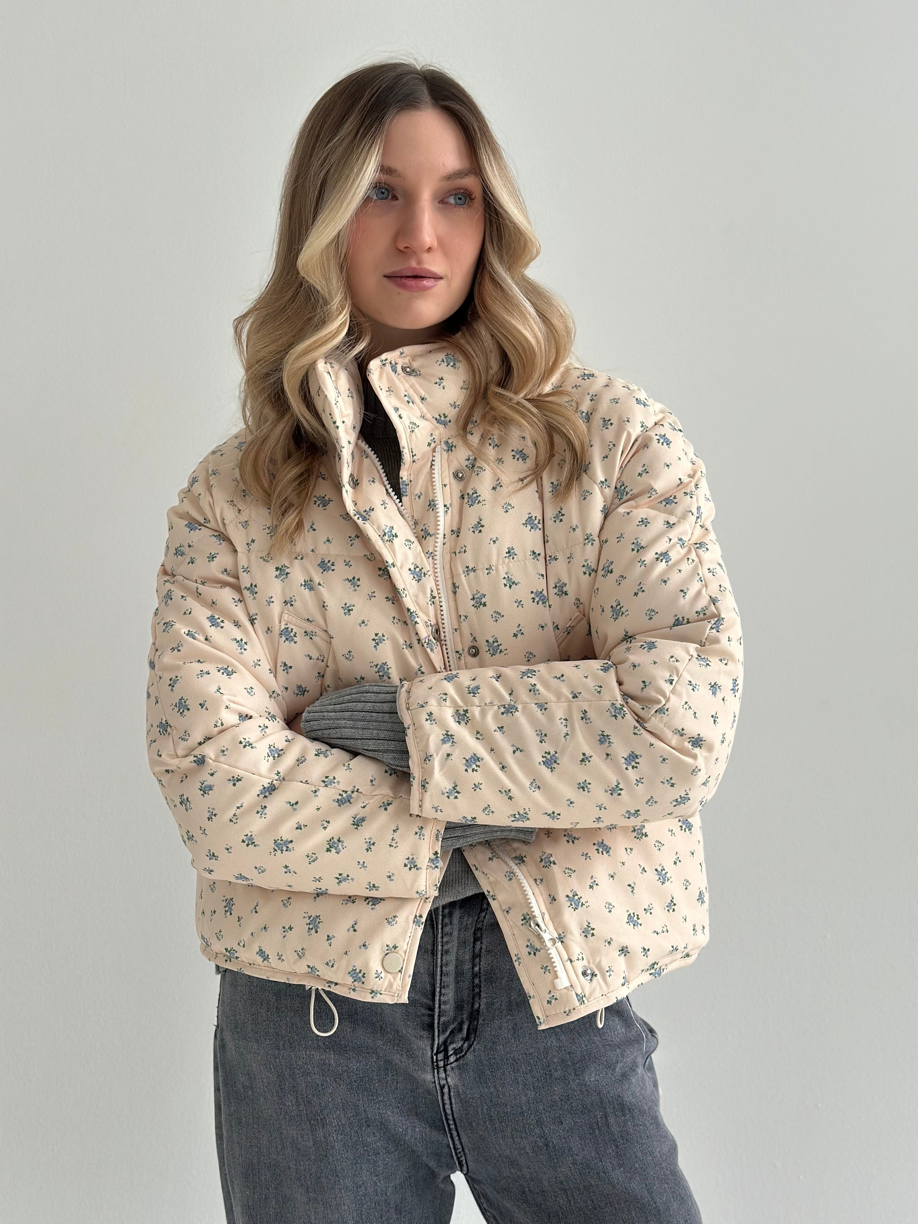 Quilted demi-season jacket, milky blue with a blue flower