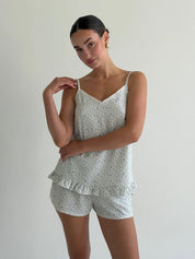 STAPLE T-SHIRT AND SHORTS SUIT BLUE FLOWERS ON MILKY
