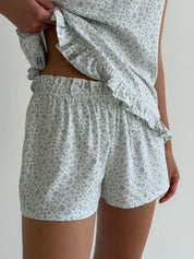 STAPLE T-SHIRT AND SHORTS SUIT BLUE FLOWERS ON MILKY