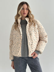 Quilted demi-season jacket, milky blue with a blue flower