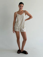 STAPLE T-SHIRT AND SHORTS SUIT BLUE FLOWERS ON BEIGE