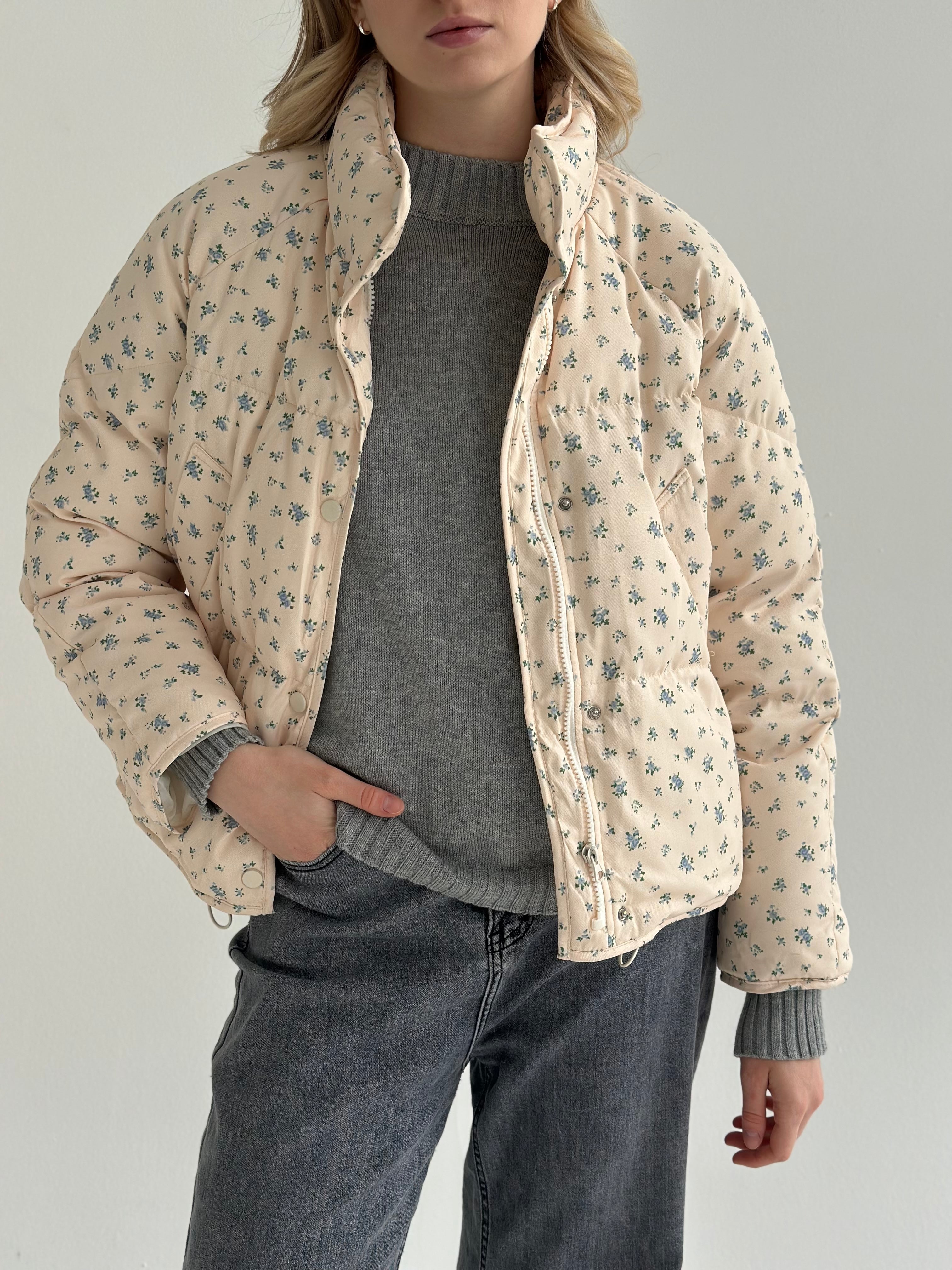 Quilted demi-season jacket, milky blue with a blue flower