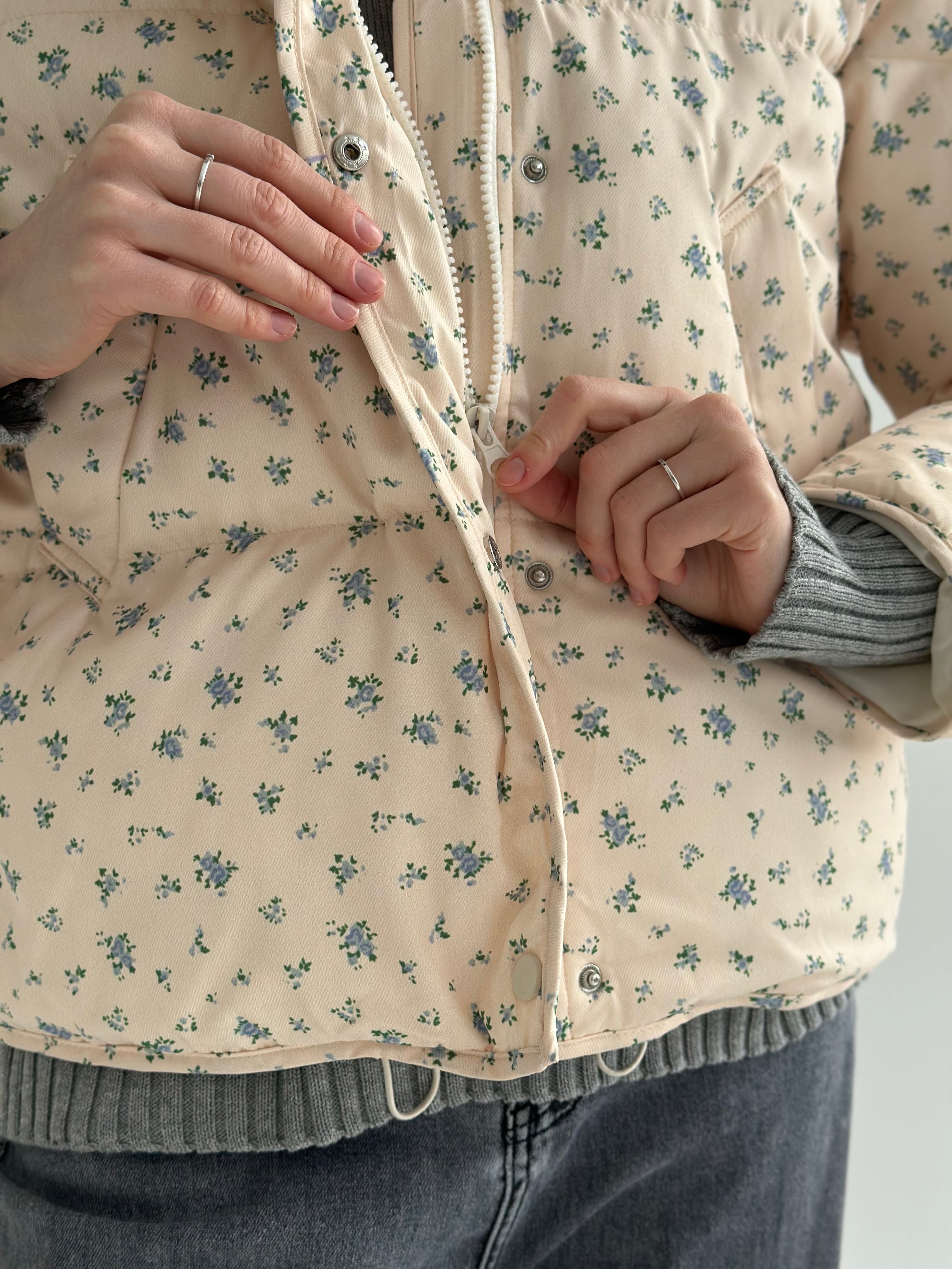 Quilted demi-season jacket, milky blue with a blue flower