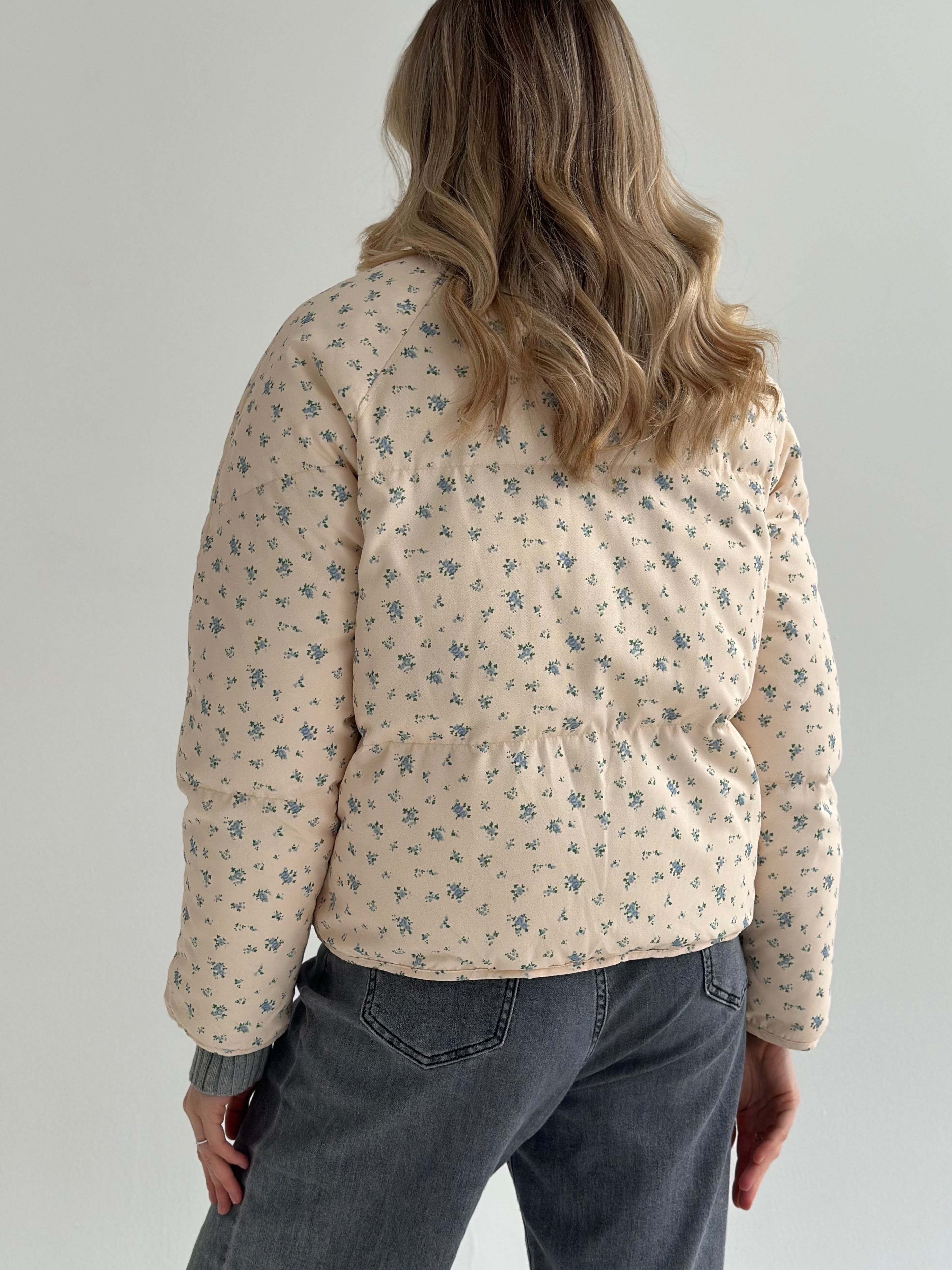 Quilted demi-season jacket, milky blue with a blue flower