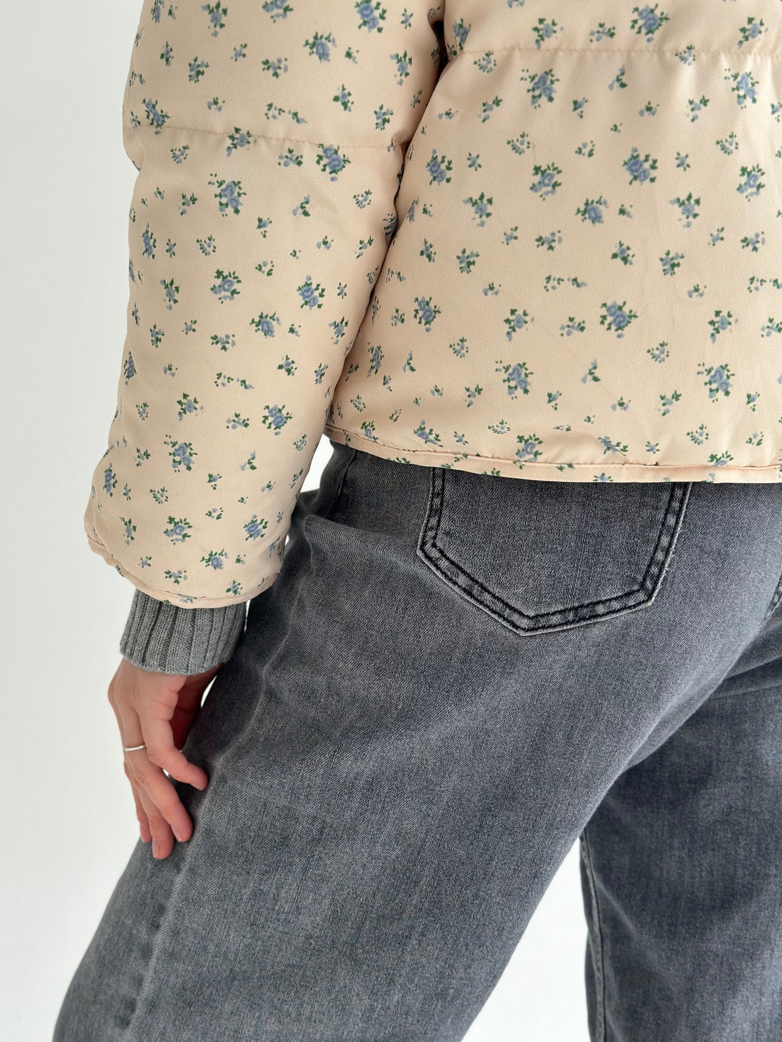 Quilted demi-season jacket, milky blue with a blue flower