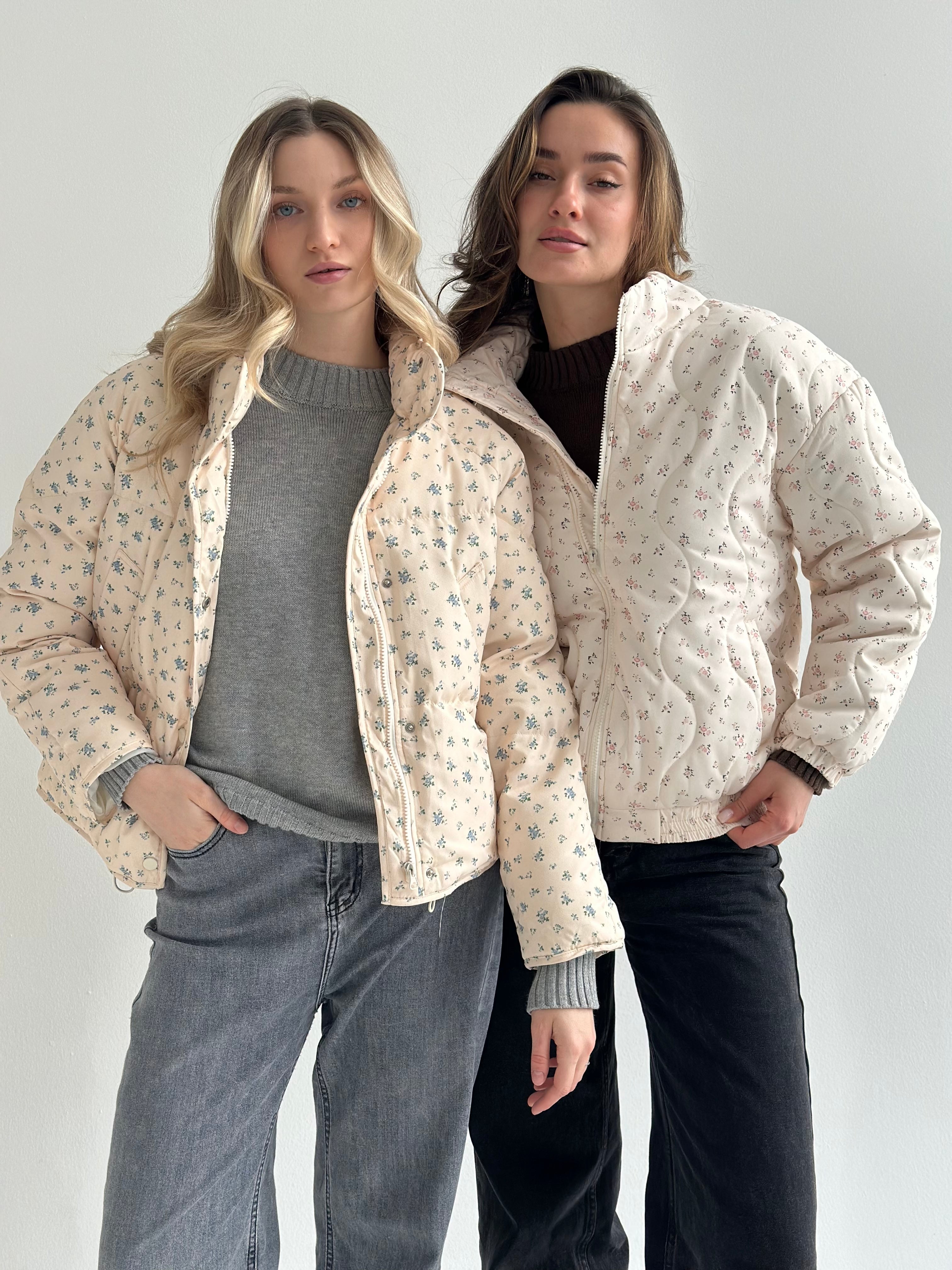 Quilted demi-season jacket, milky white with pink flower