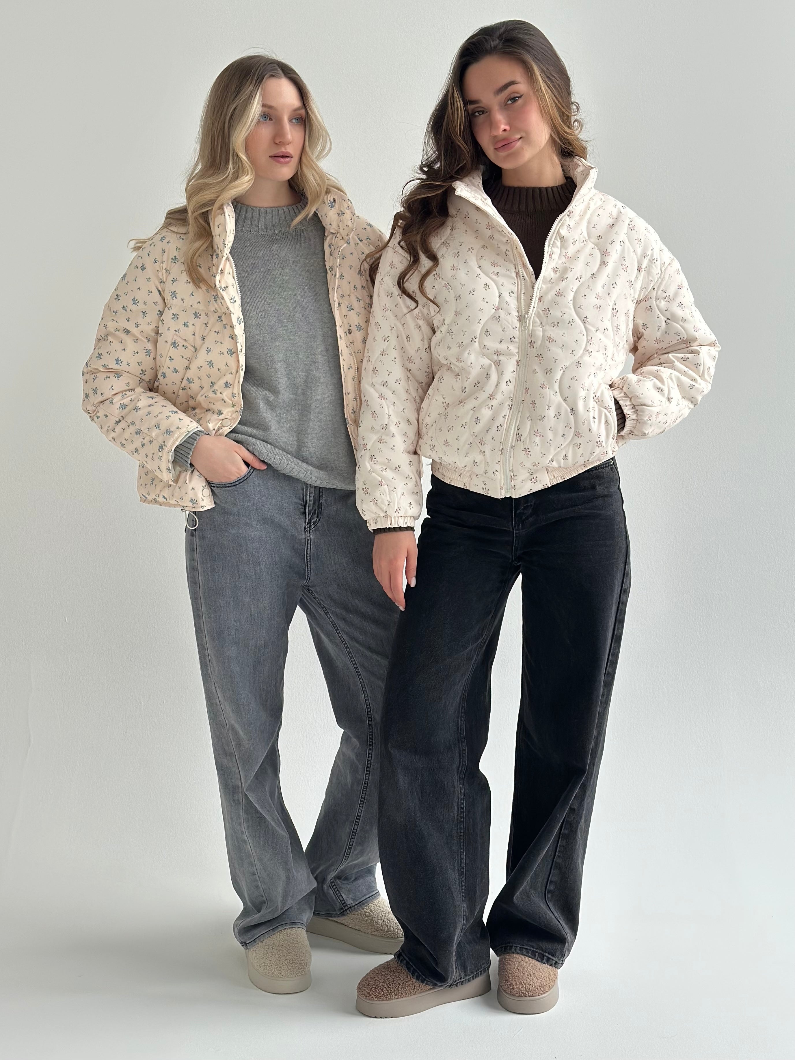Quilted demi-season jacket, milky white with pink flower