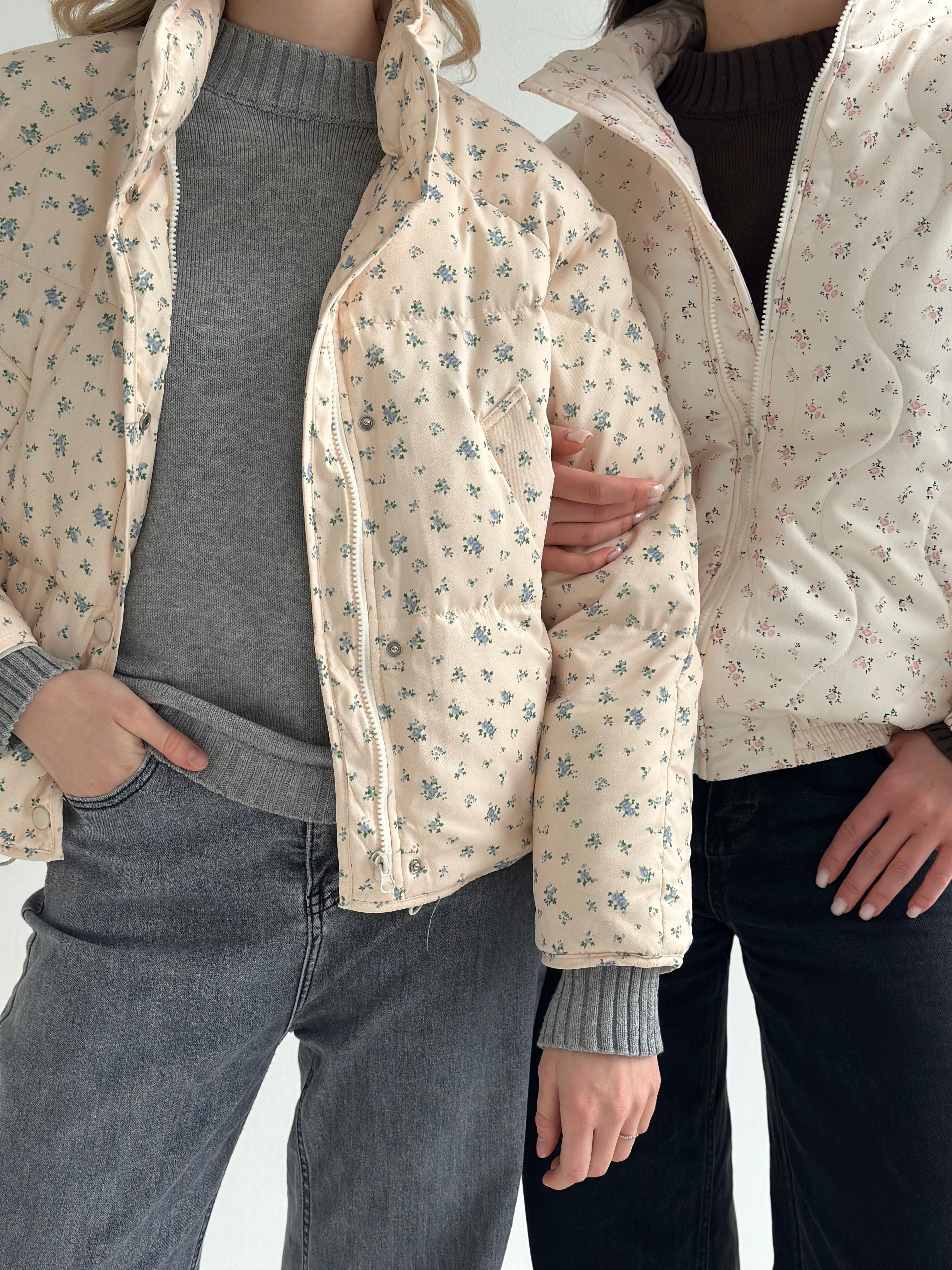Quilted demi-season jacket, milky white with pink flower