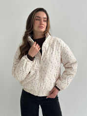 Quilted demi-season jacket, milky white with pink flower