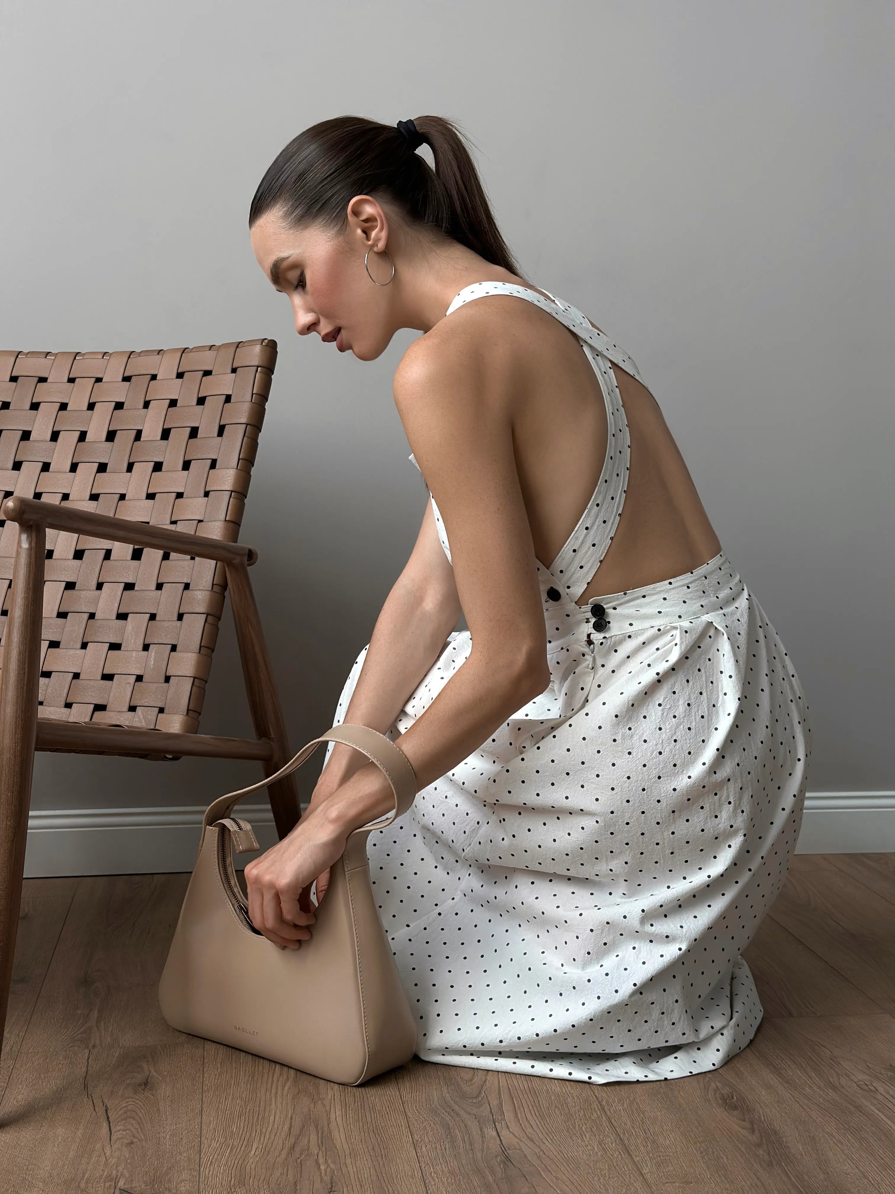 Sundress with straps, boiled cotton "black peas on white"