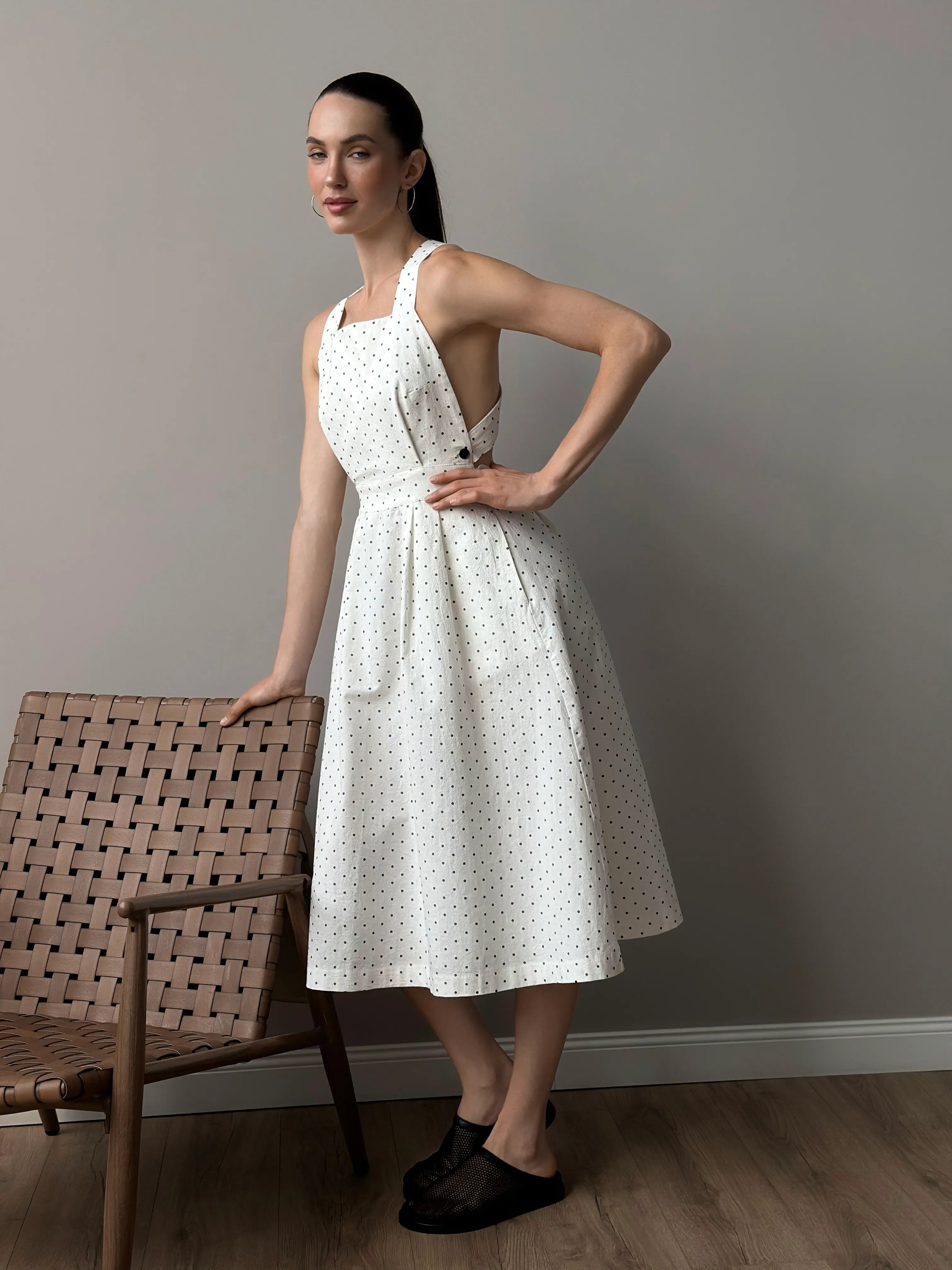 Sundress with straps, boiled cotton "black peas on white"