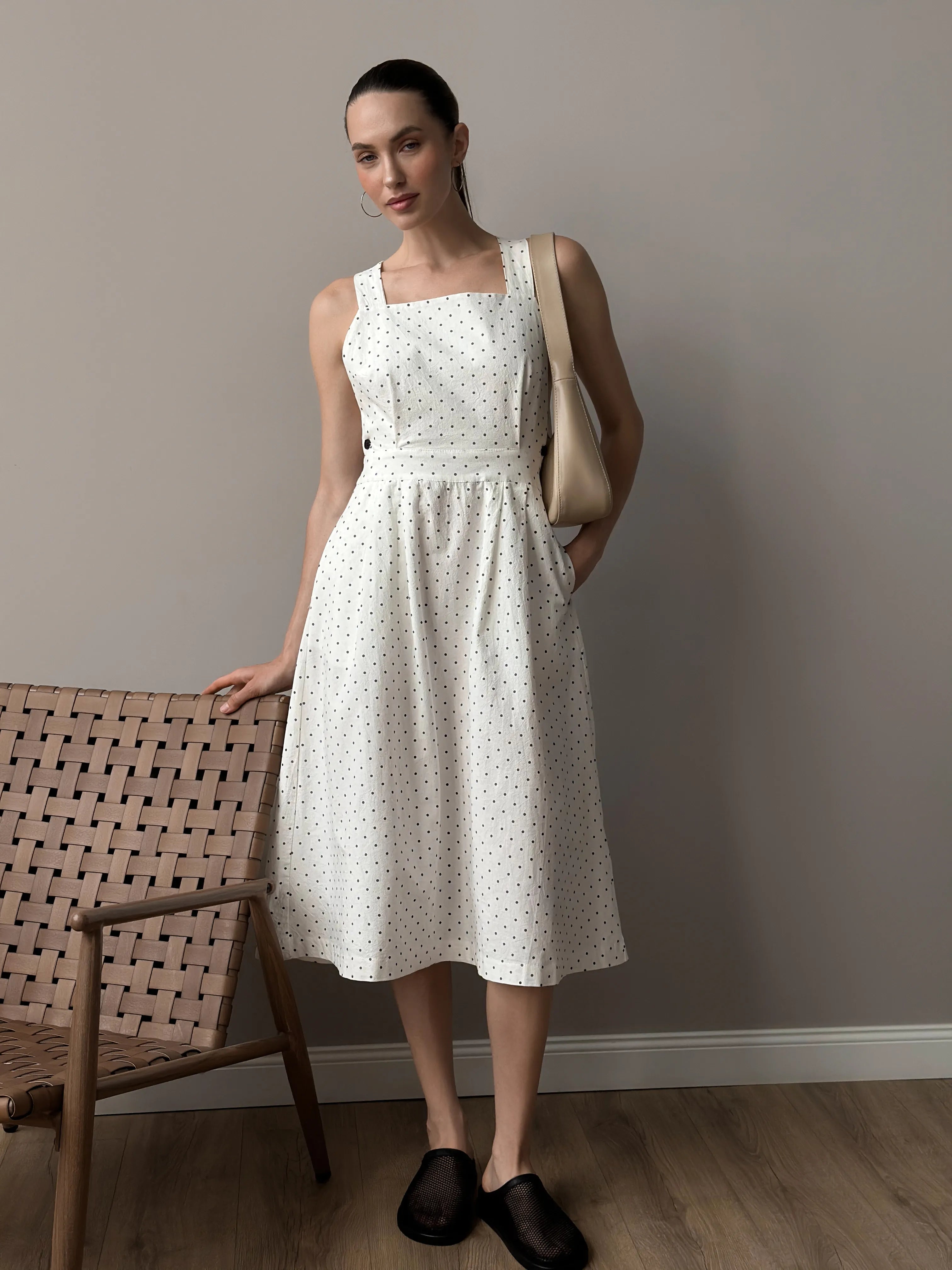 Sundress with straps, boiled cotton "black peas on white"
