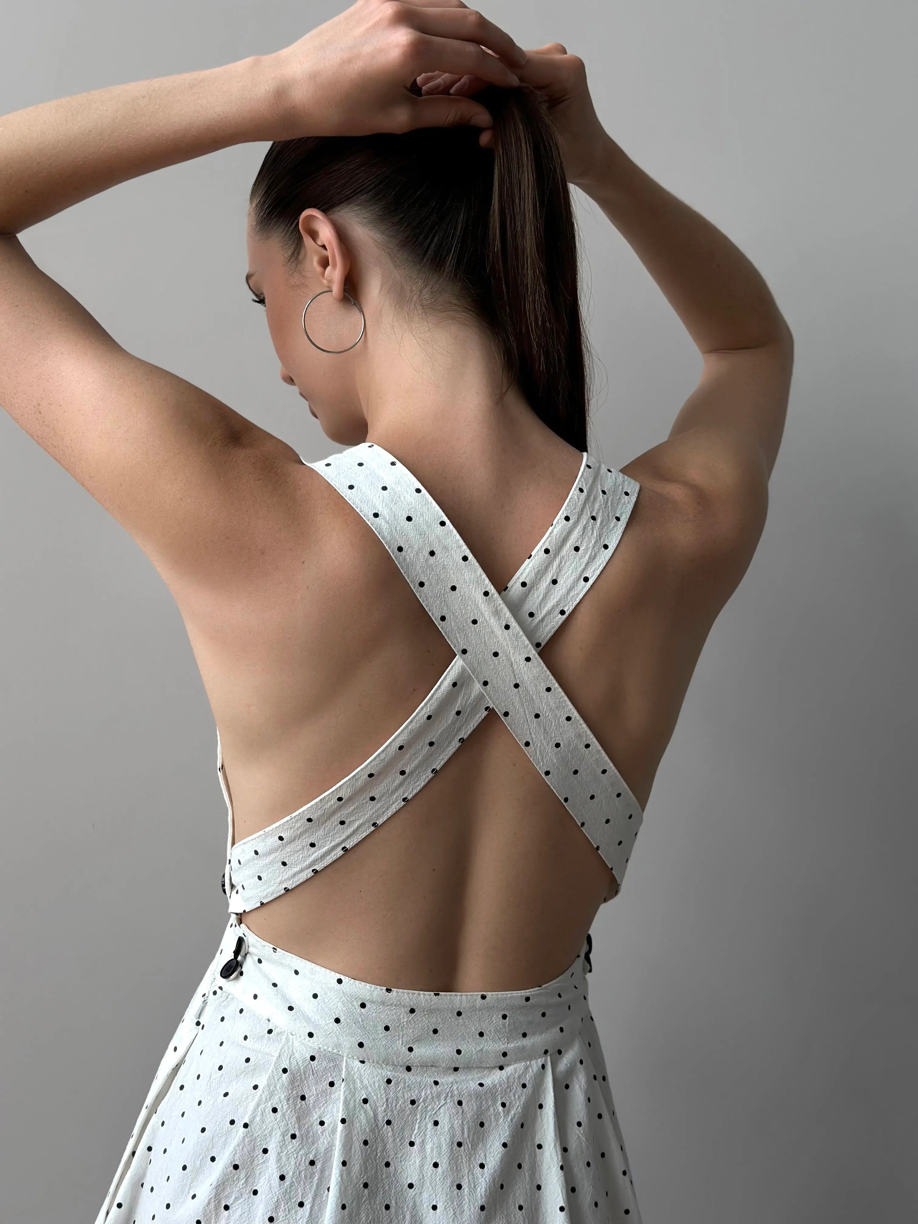 Sundress with straps, boiled cotton "black peas on white"