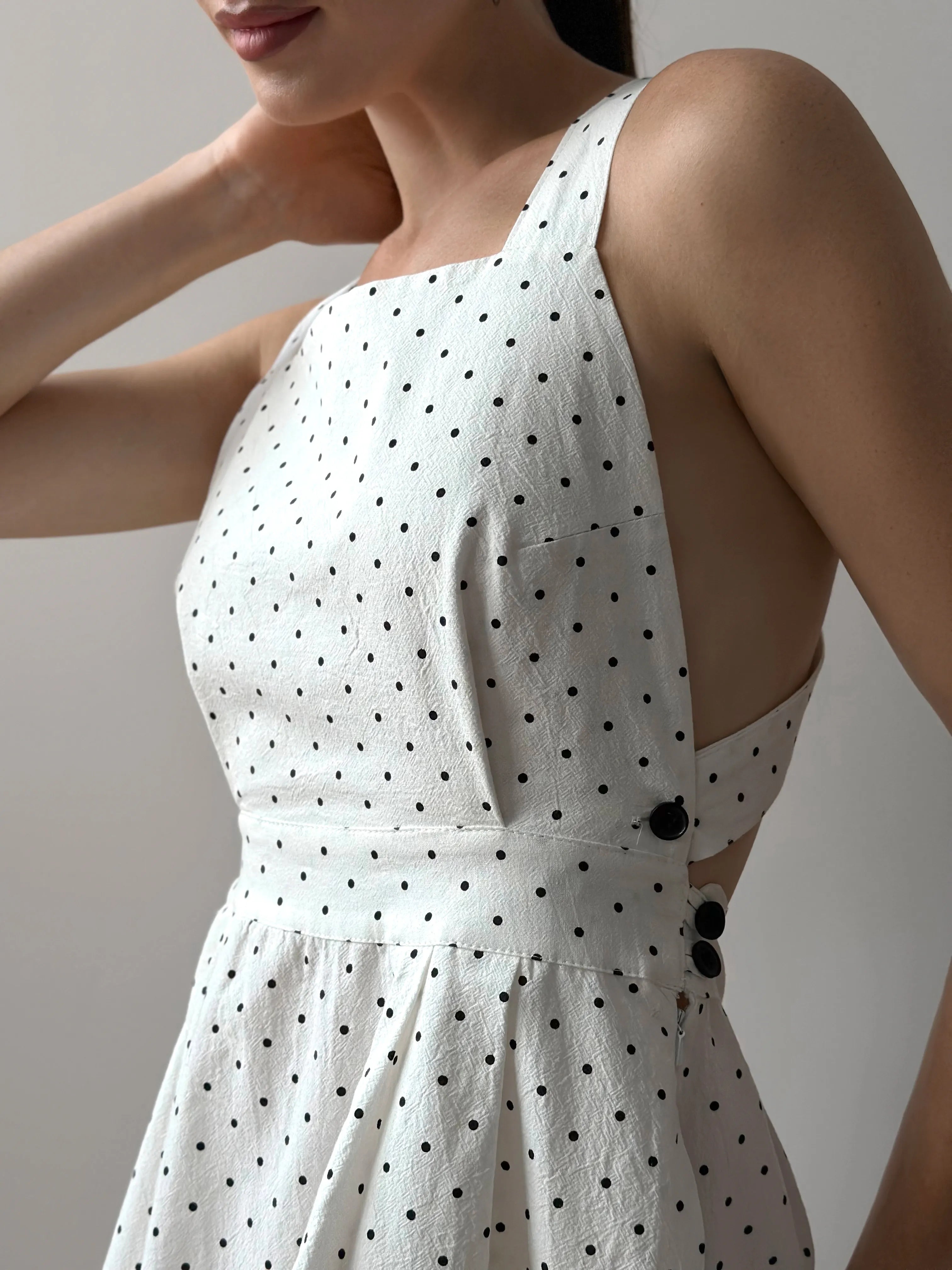 Sundress with straps, boiled cotton "black peas on white"