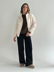 Quilted demi-season jacket, milky white with pink flower