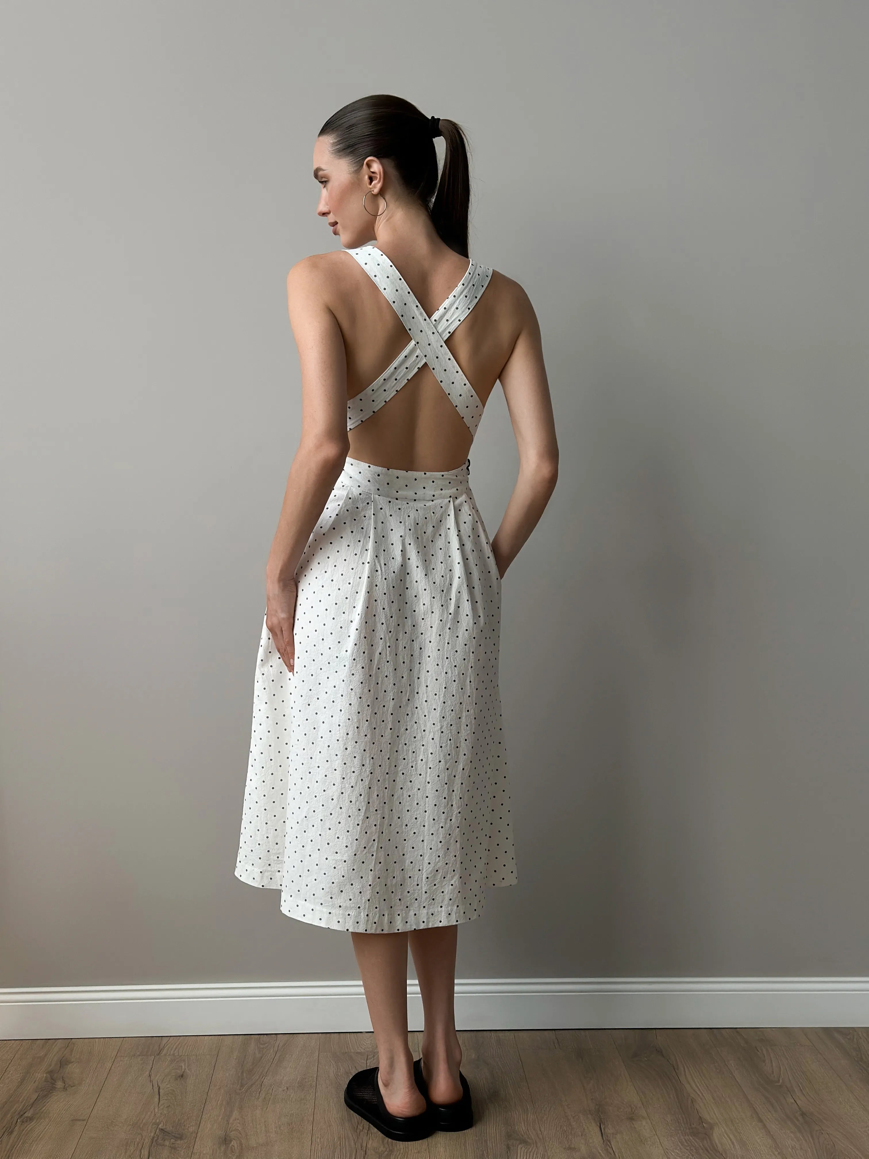 Sundress with straps, boiled cotton "black peas on white"