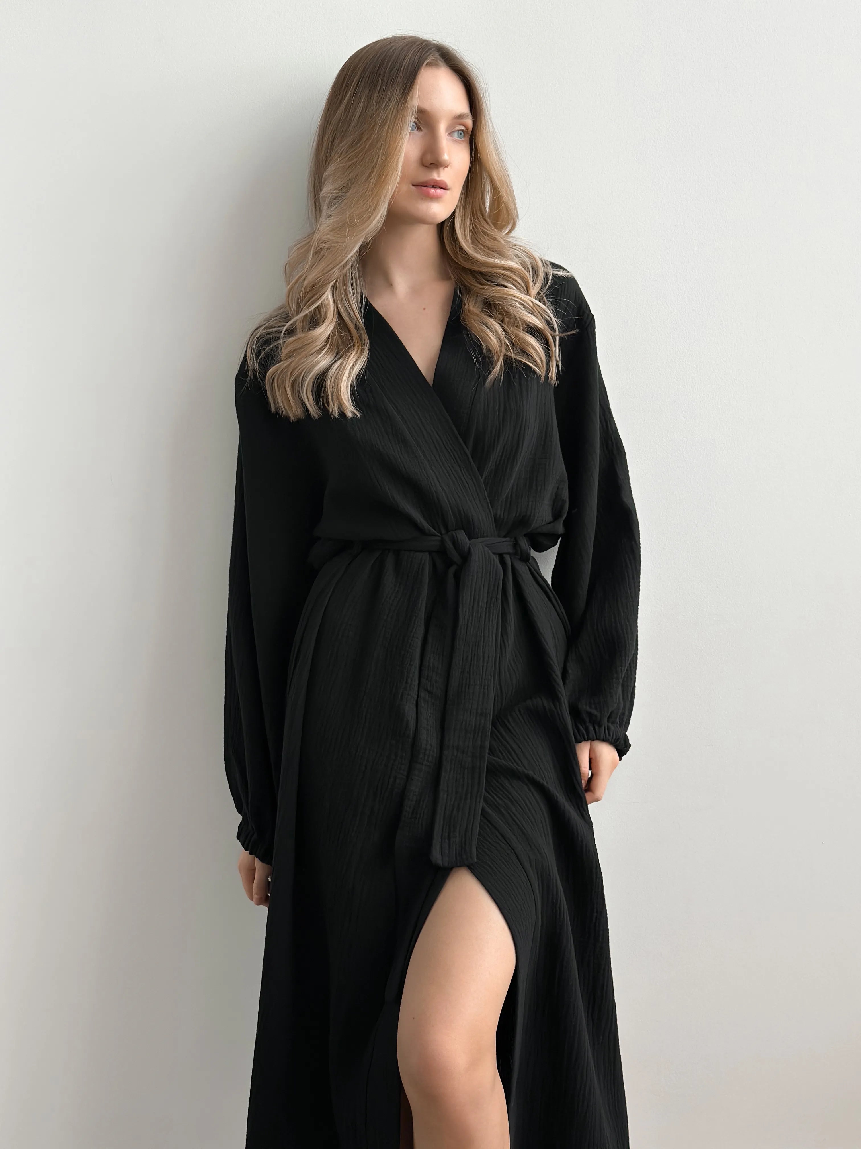 Long muslin black robe 2 layers