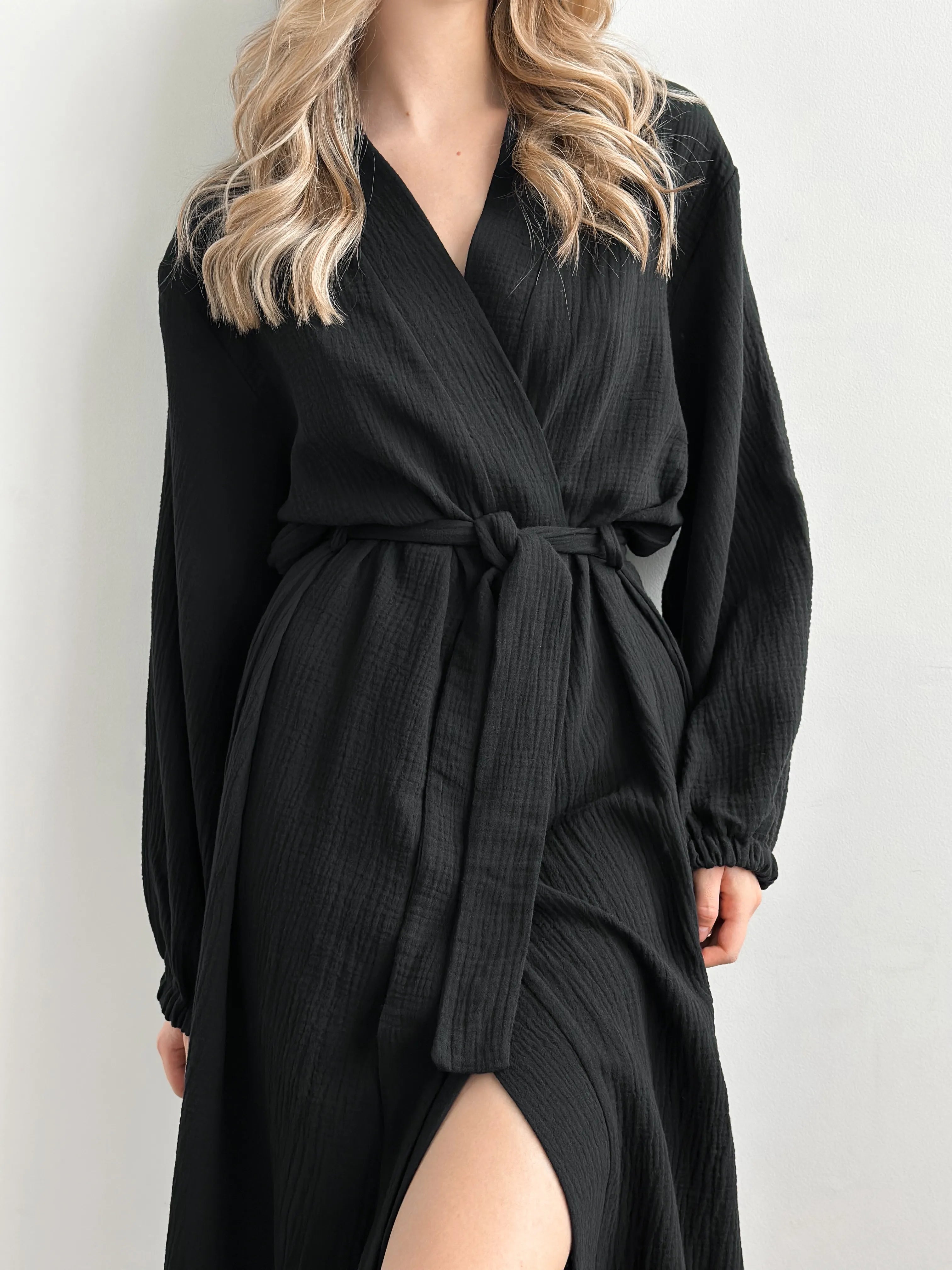 Long muslin black robe 2 layers