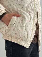 Quilted demi-season jacket, milky white with pink flower