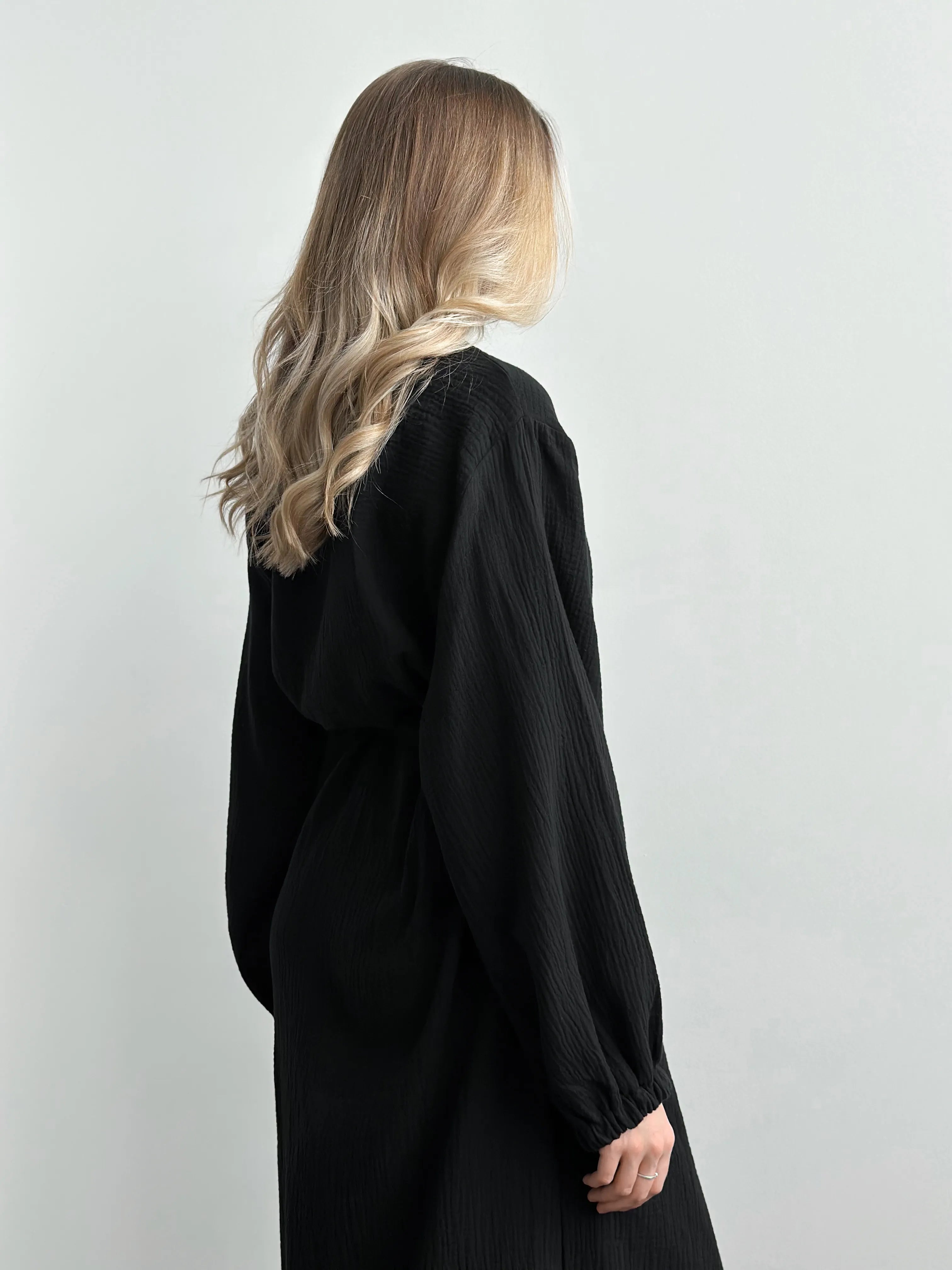 Long muslin black robe 2 layers