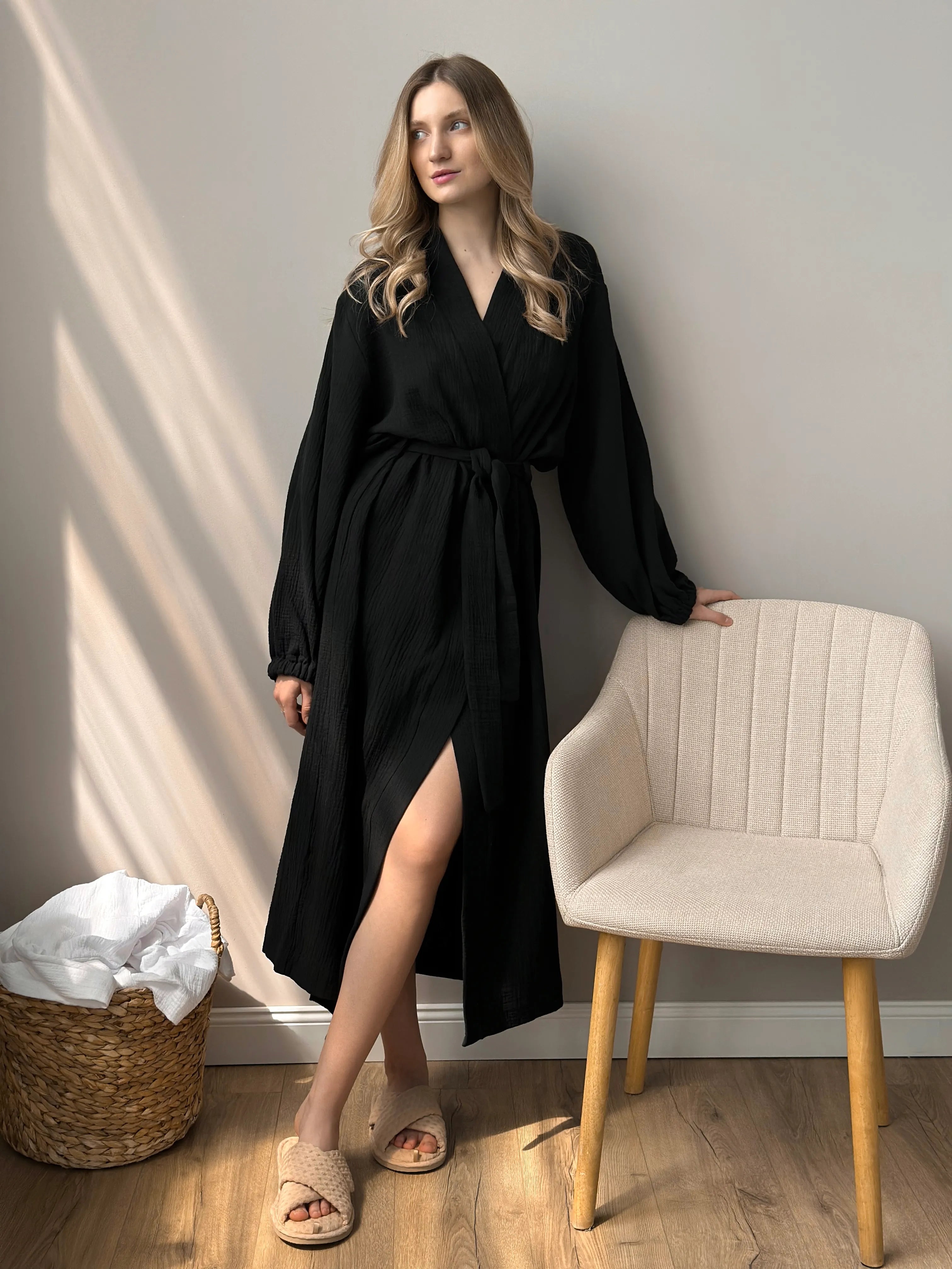 Long muslin black robe 2 layers