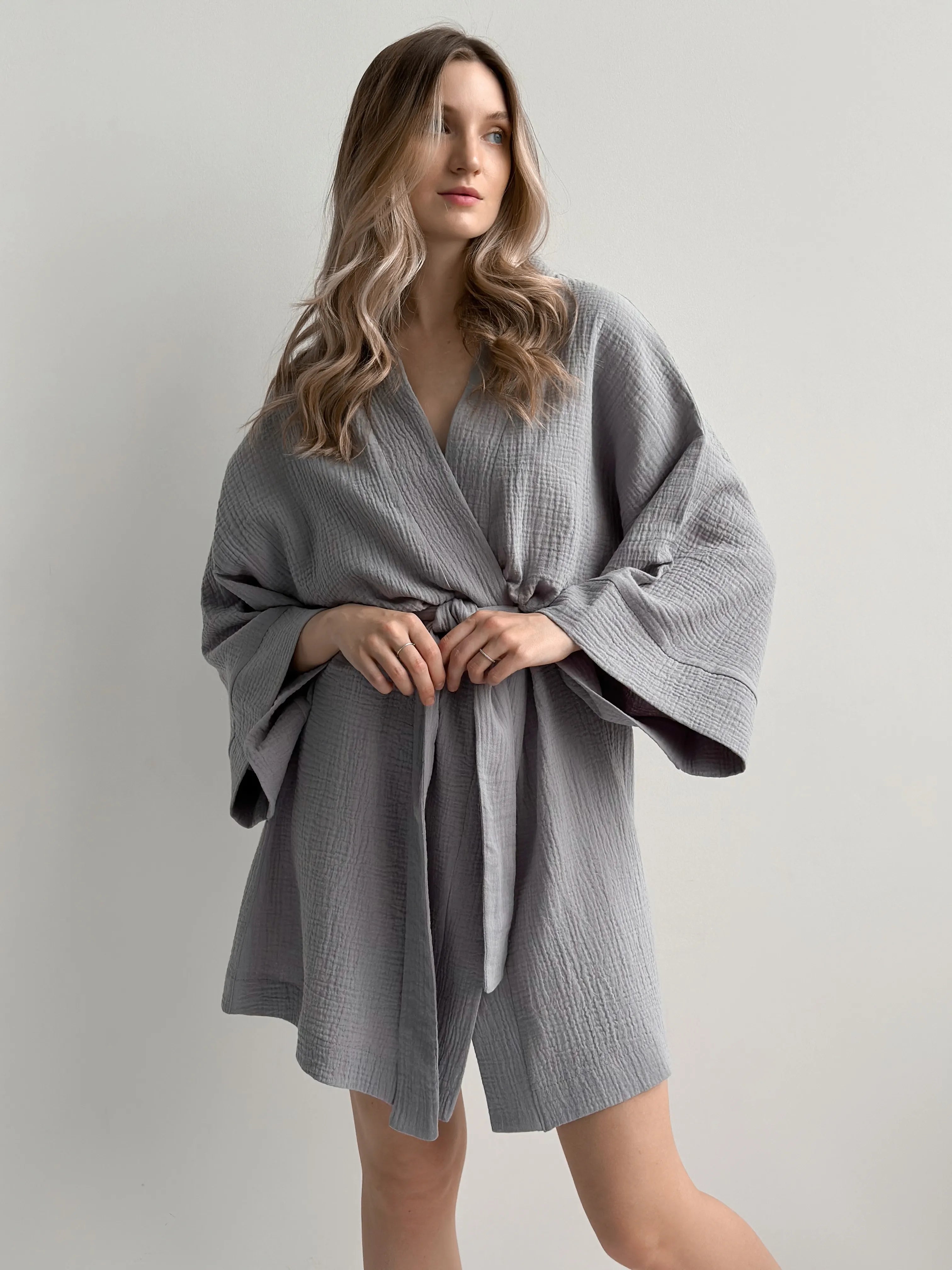 Kimono robe short muslin gray 2-layer