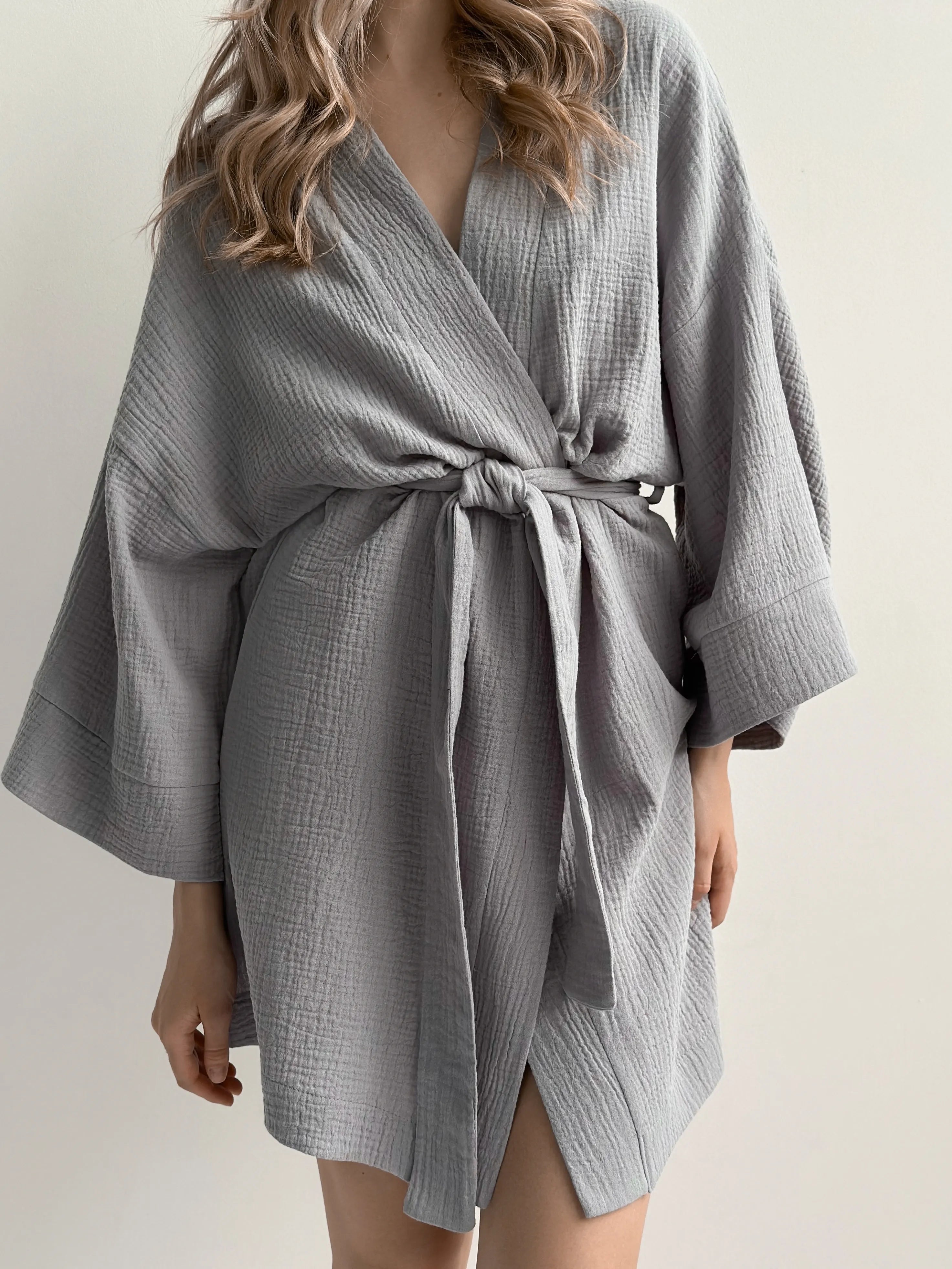 Kimono robe short muslin gray 2-layer