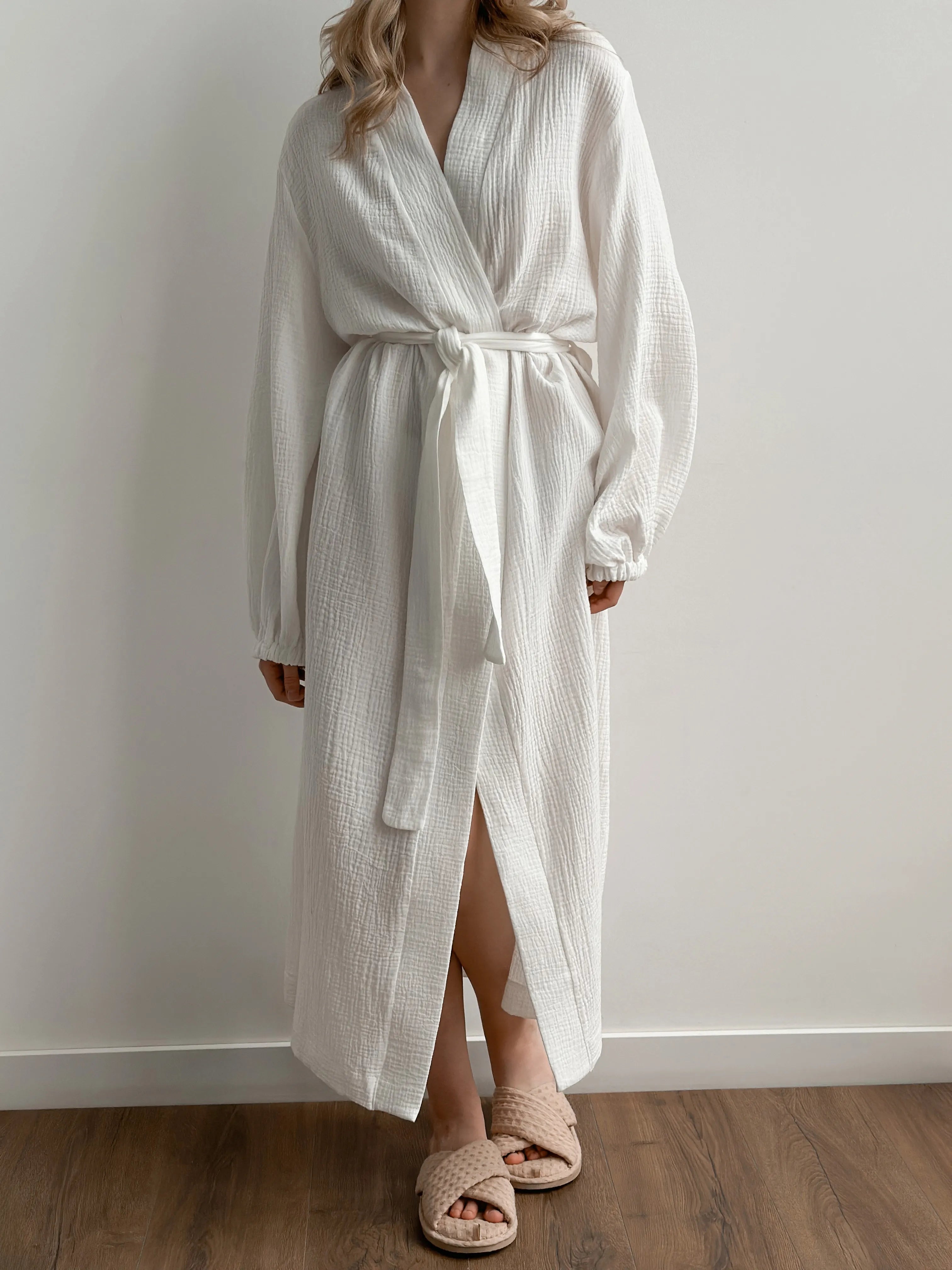 Long muslin white robe 2 layers