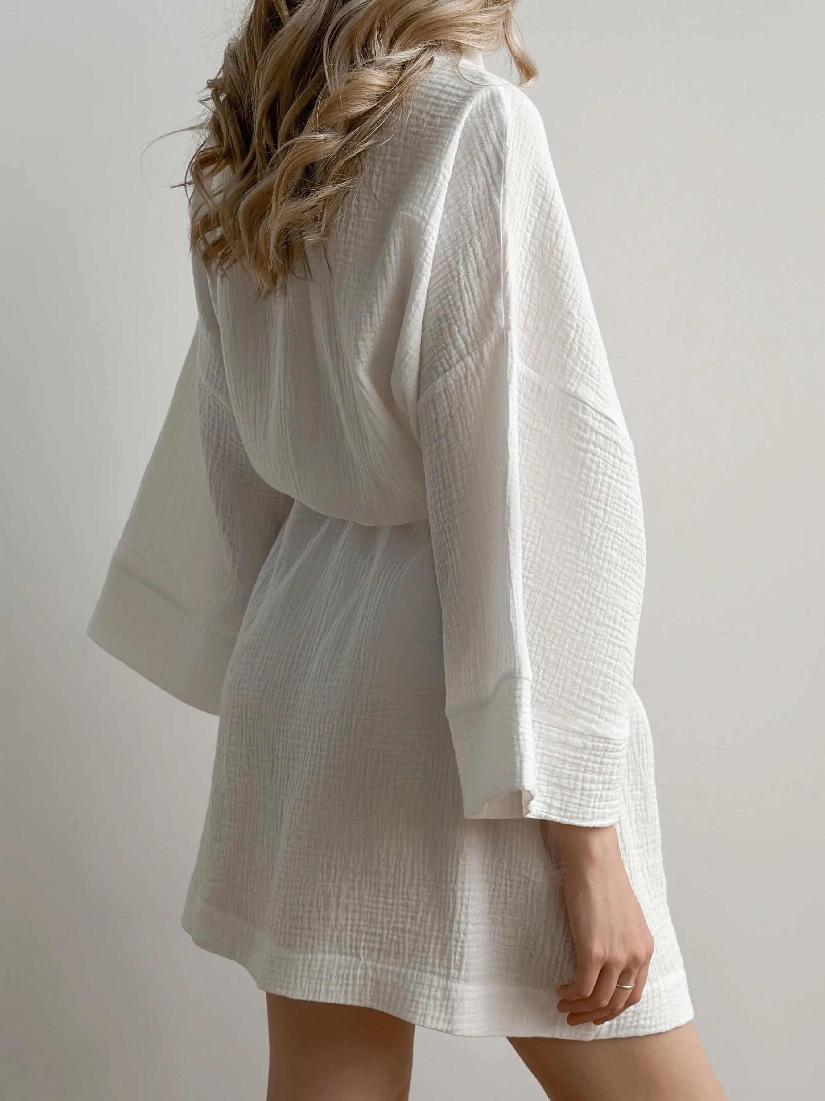 Kimono robe short muslin white 2-layer