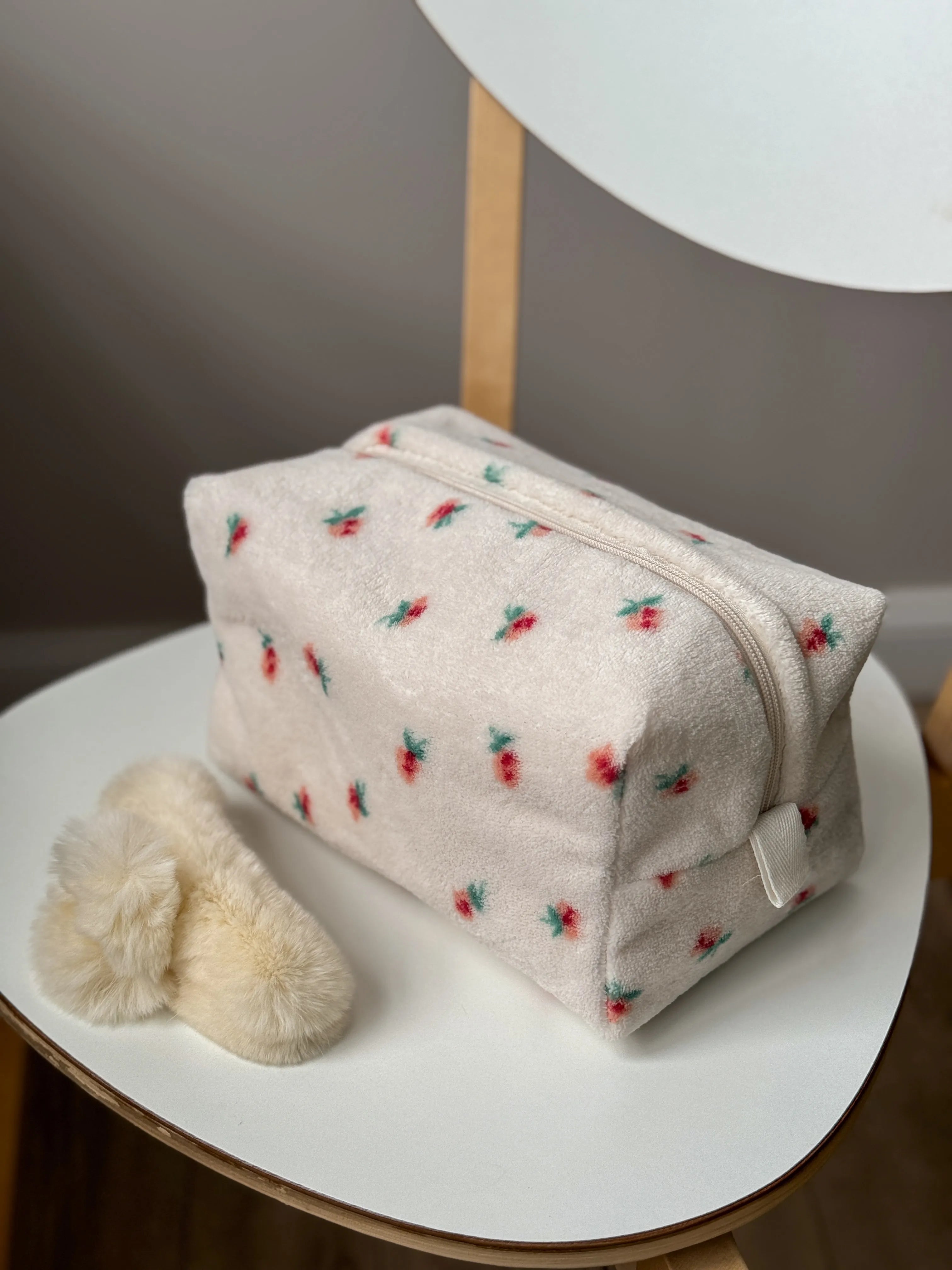 Fluffy medium square white cosmetic bag with red flower